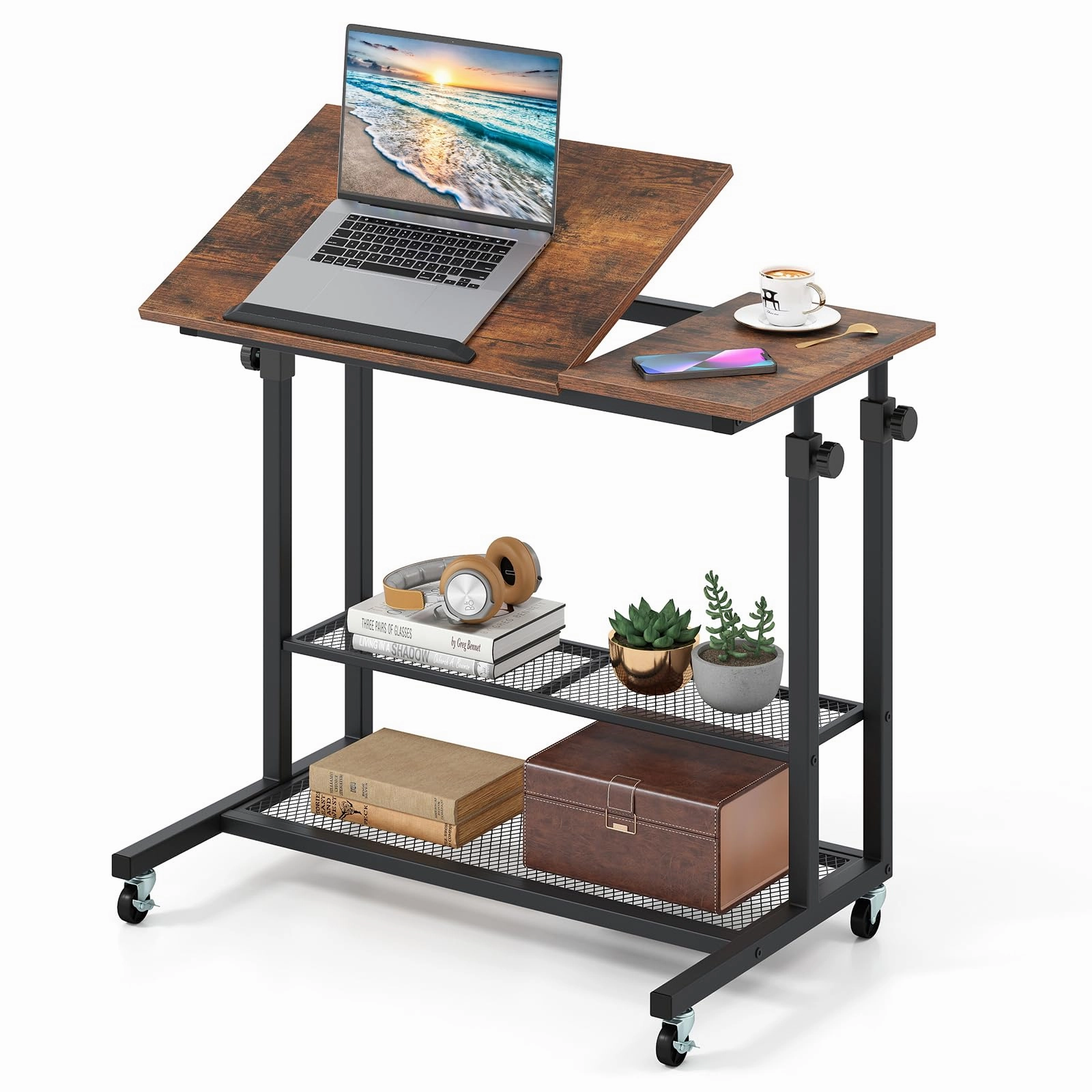 Giantex Adjustable Rolling Computer Desk with Tilting Desktop and Storage Shelves