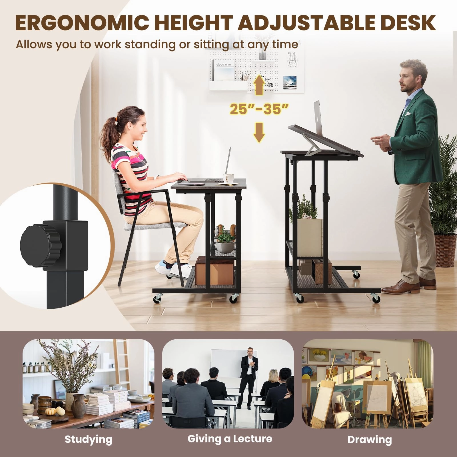 Giantex Adjustable Rolling Computer Desk with Tilting Desktop and Storage Shelves