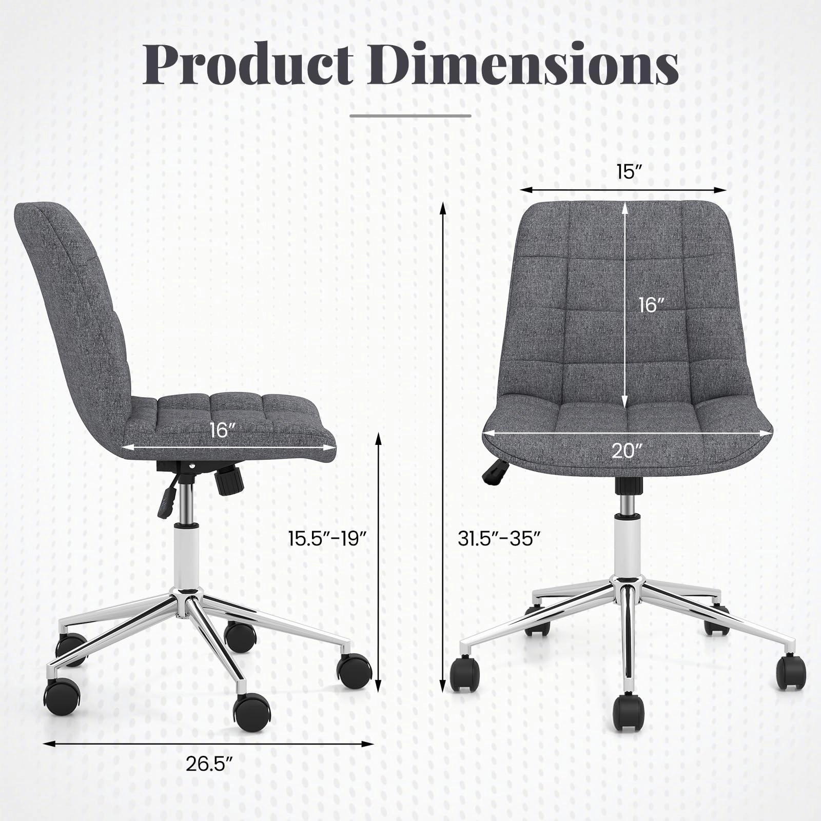 Giantex Armless Office Chair, Linen Fabric Vanity Chair with Wheels & Adjustable Height, 360 Rolling Swivel Task Computer Chair