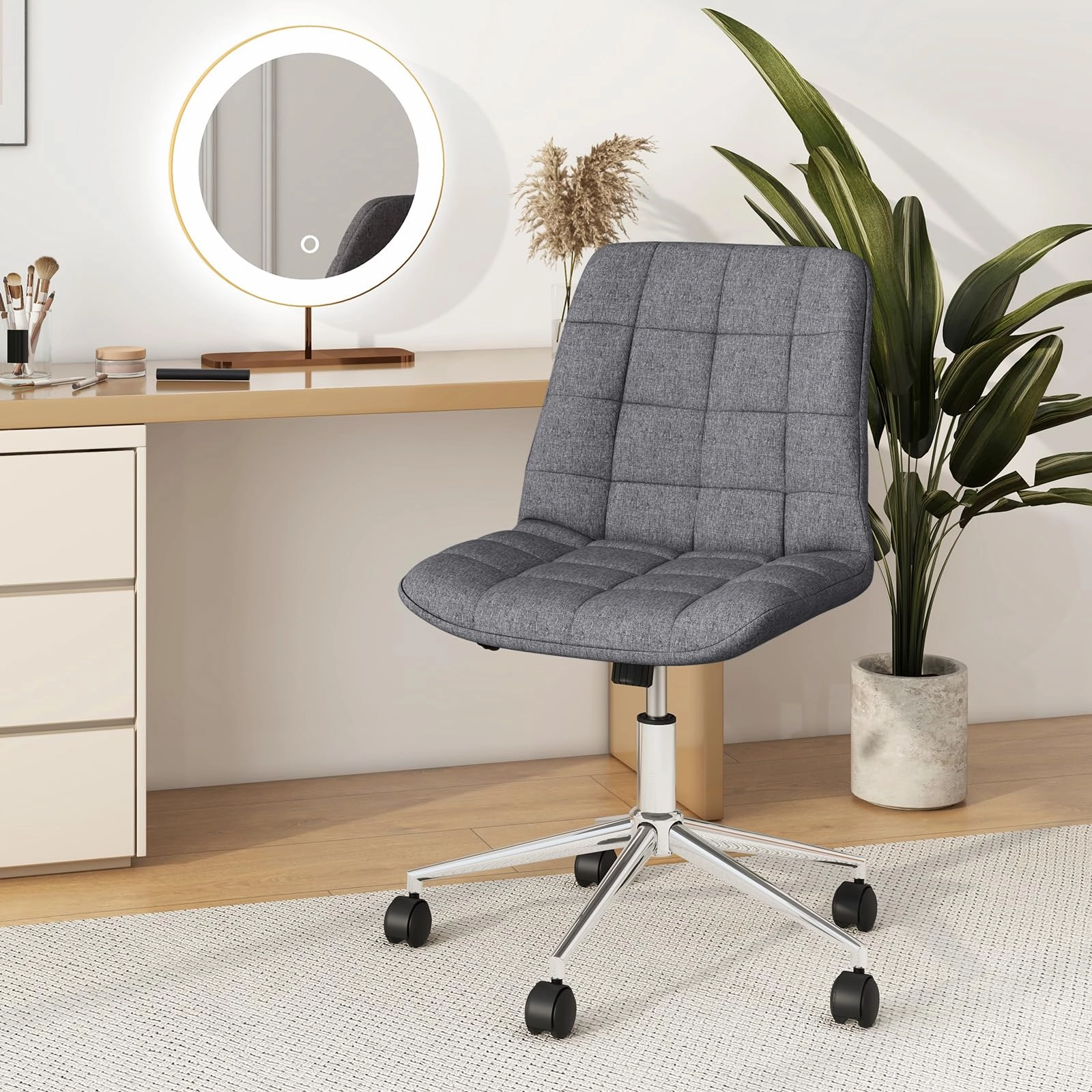 Giantex Armless Office Chair, Linen Fabric Vanity Chair with Wheels & Adjustable Height, 360 Rolling Swivel Task Computer Chair