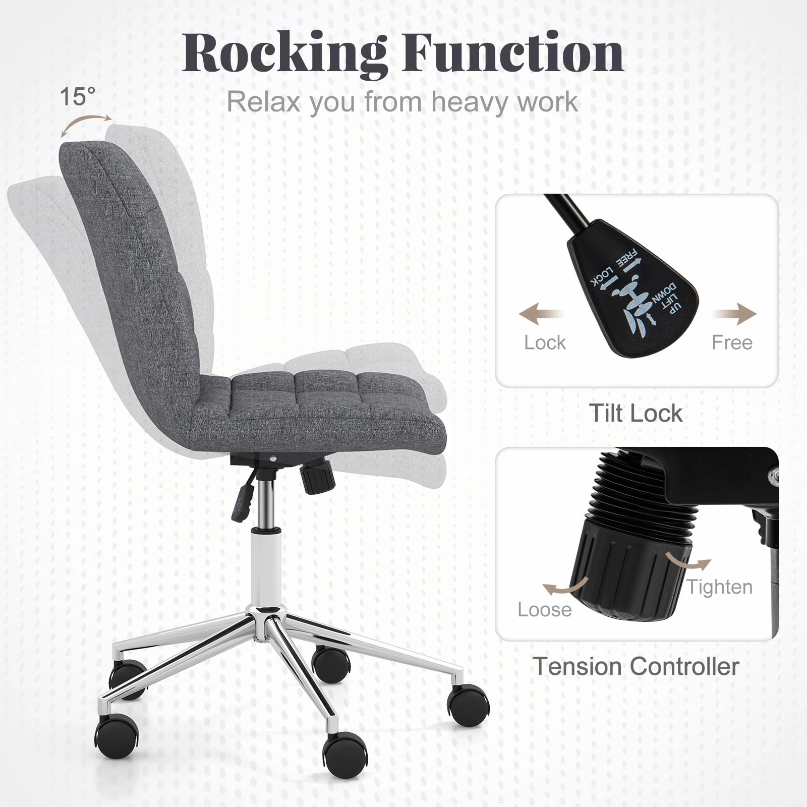 Giantex Armless Office Chair, Linen Fabric Vanity Chair with Wheels & Adjustable Height, 360 Rolling Swivel Task Computer Chair