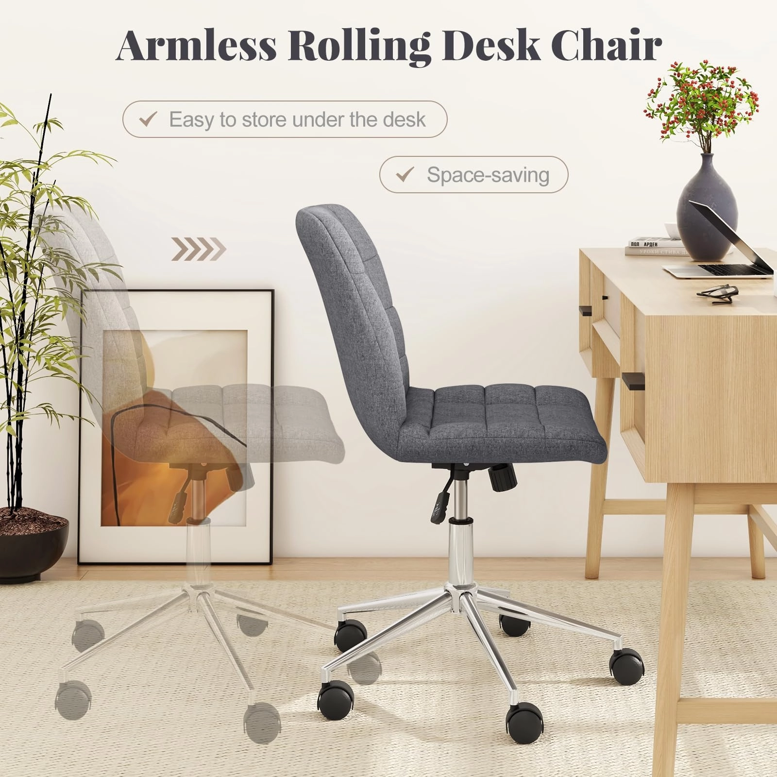 Giantex Armless Office Chair, Linen Fabric Vanity Chair with Wheels & Adjustable Height, 360 Rolling Swivel Task Computer Chair