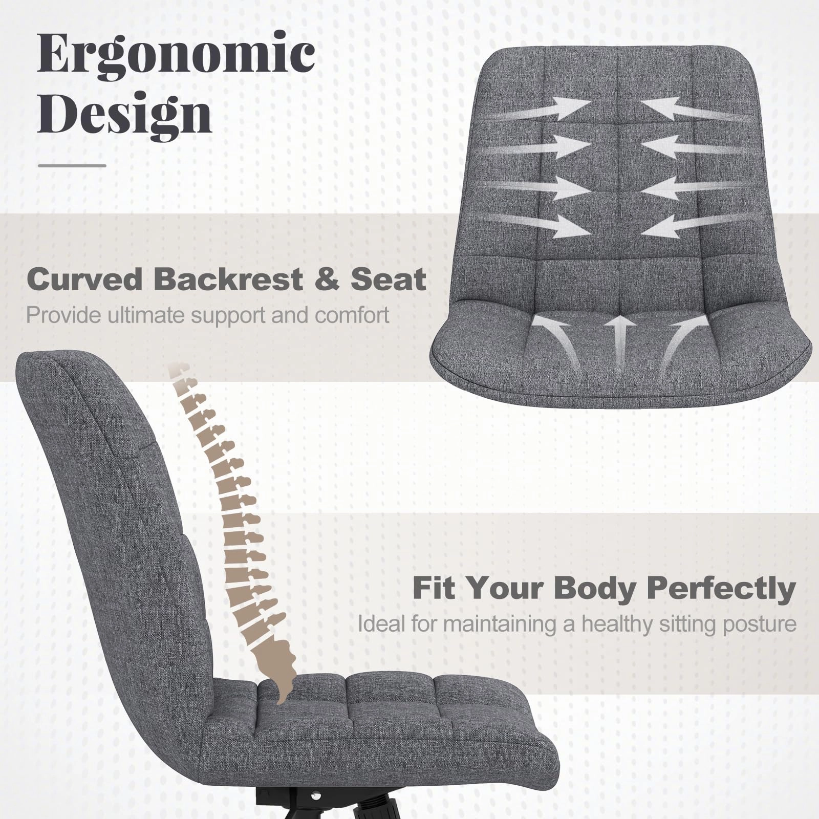 Giantex Armless Office Chair, Linen Fabric Vanity Chair with Wheels & Adjustable Height, 360 Rolling Swivel Task Computer Chair