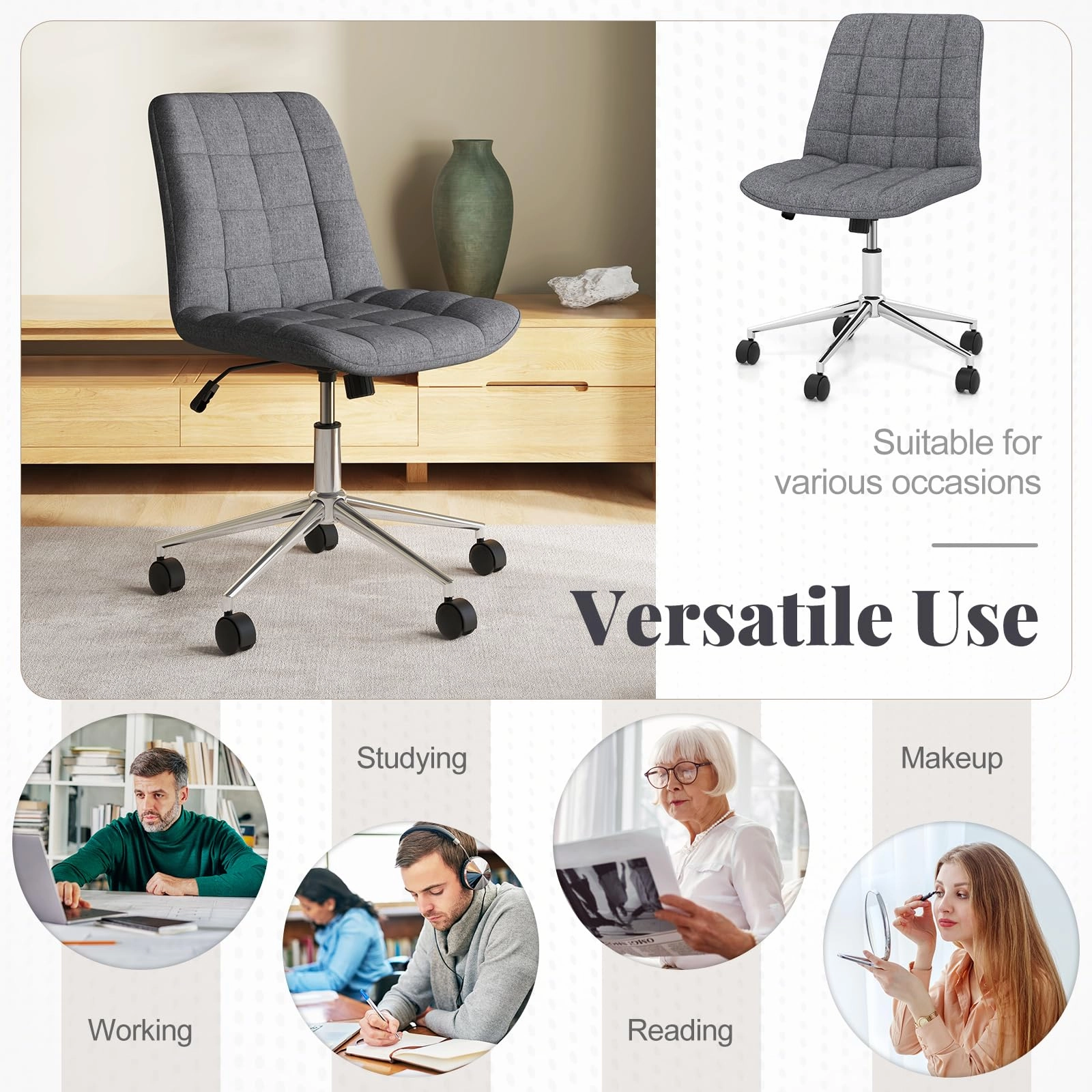 Giantex Armless Office Chair, Linen Fabric Vanity Chair with Wheels & Adjustable Height, 360 Rolling Swivel Task Computer Chair