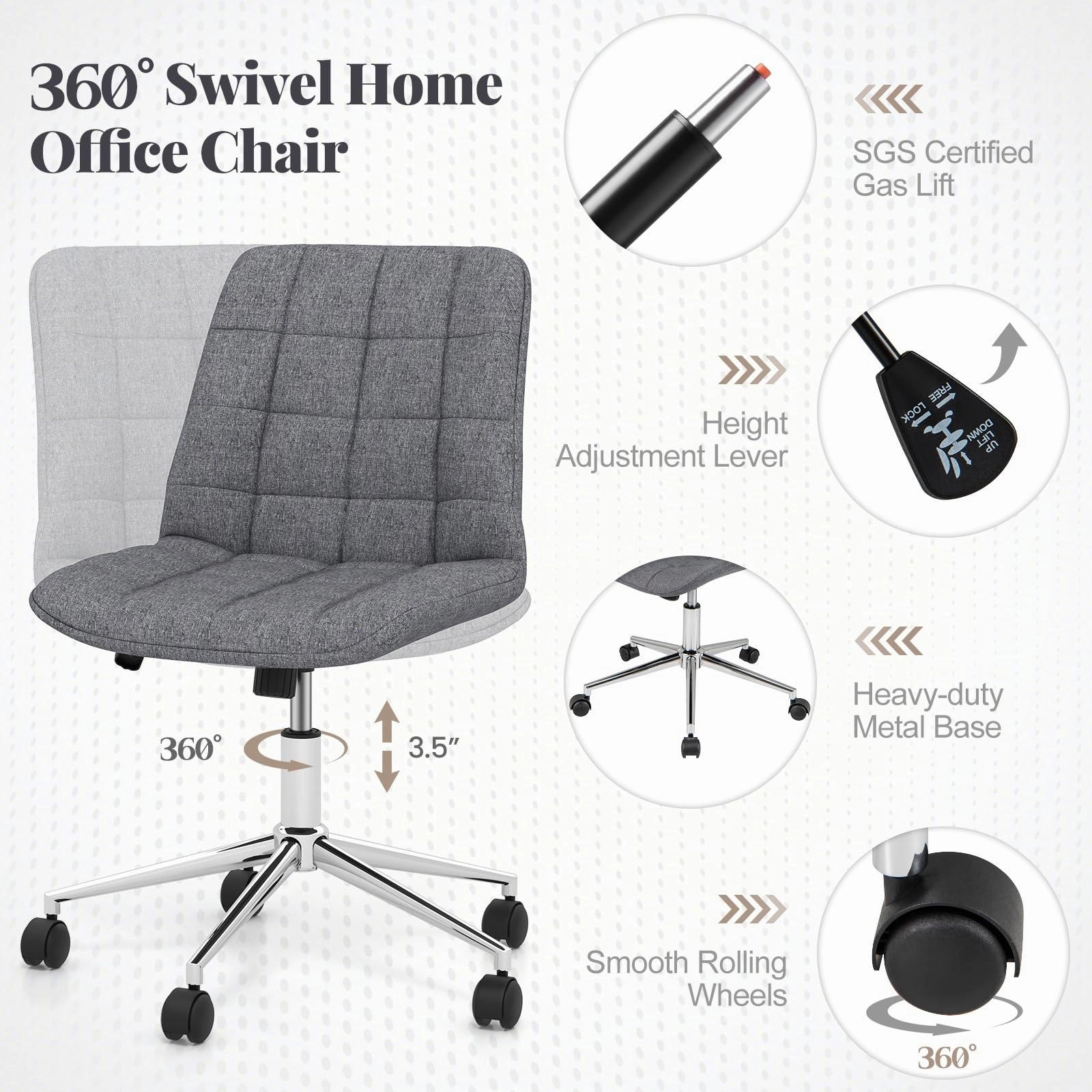 Giantex Armless Office Chair, Linen Fabric Vanity Chair with Wheels & Adjustable Height, 360 Rolling Swivel Task Computer Chair