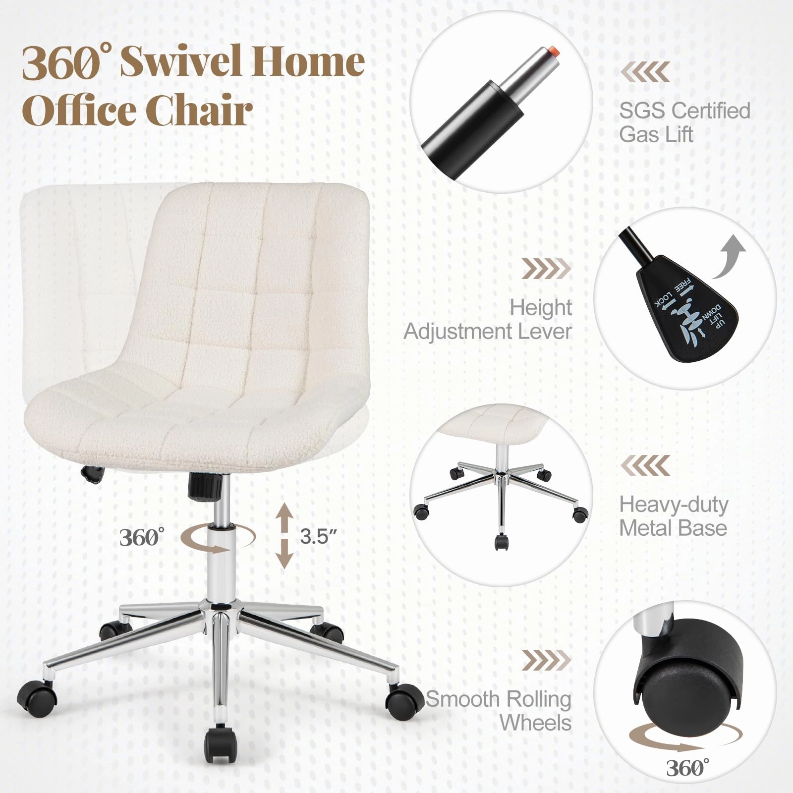 Giantex Armless Office Chair, Modern Faux Fur White Vanity Chair with Wheels & Adjustable Height