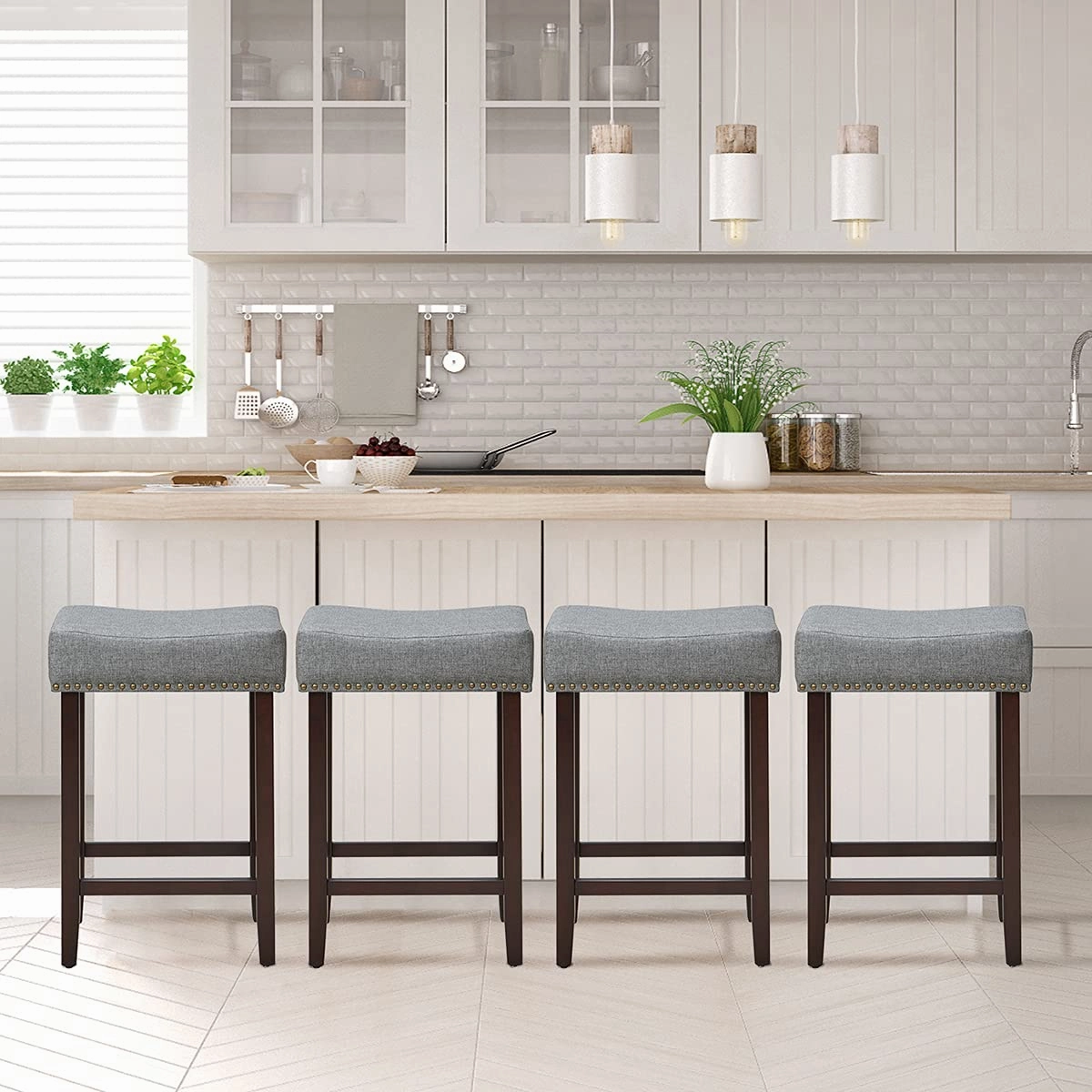 Giantex Backless Counter Height Stools with Brass Nail Head Studs
