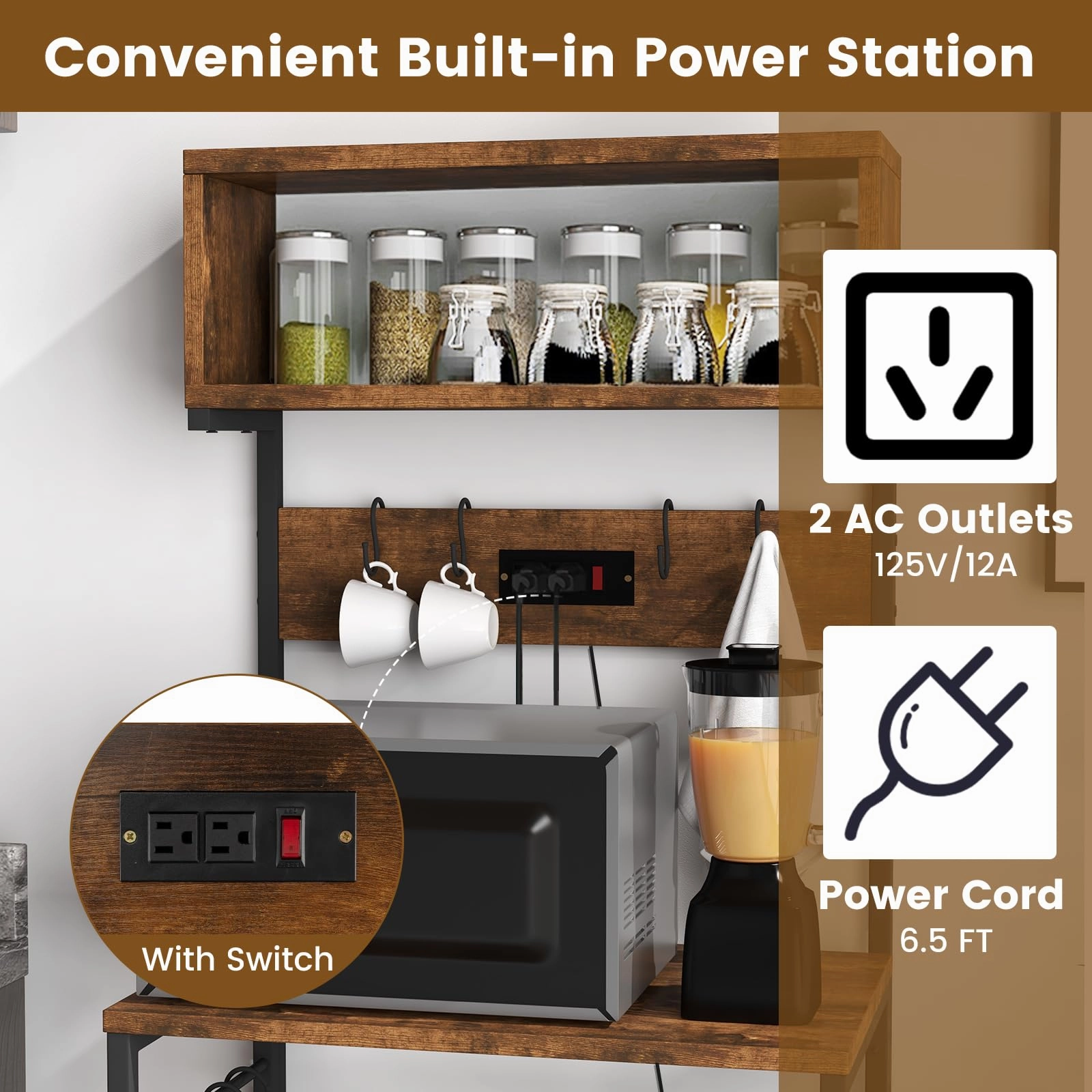 Giantex Bakers Rack with Power Outlet, 5-Tier Microwave Stand w/ 10 S-shape Hooks
