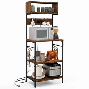 Giantex Bakers Rack with Power Outlet, 5-Tier Microwave Stand w/ 10 S-shape Hooks kitchen towel, placemats