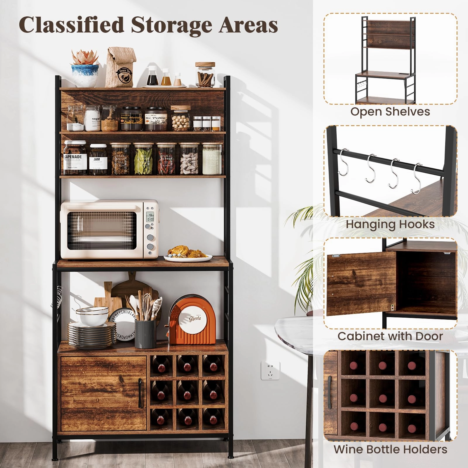 Giantex Bakers Rack with Power Outlet, 67 Microwave Stand with Storage Cabinet, Spice Rack