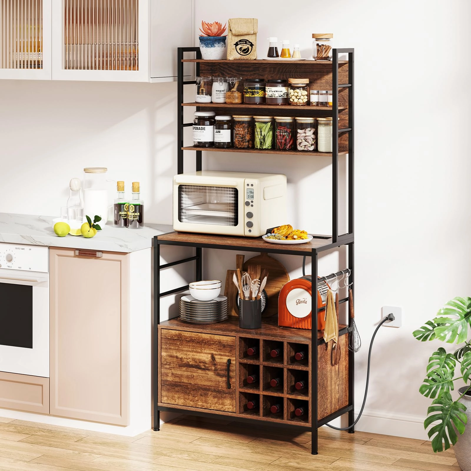 Giantex Bakers Rack with Power Outlet, 67 Microwave Stand with Storage Cabinet, Spice Rack