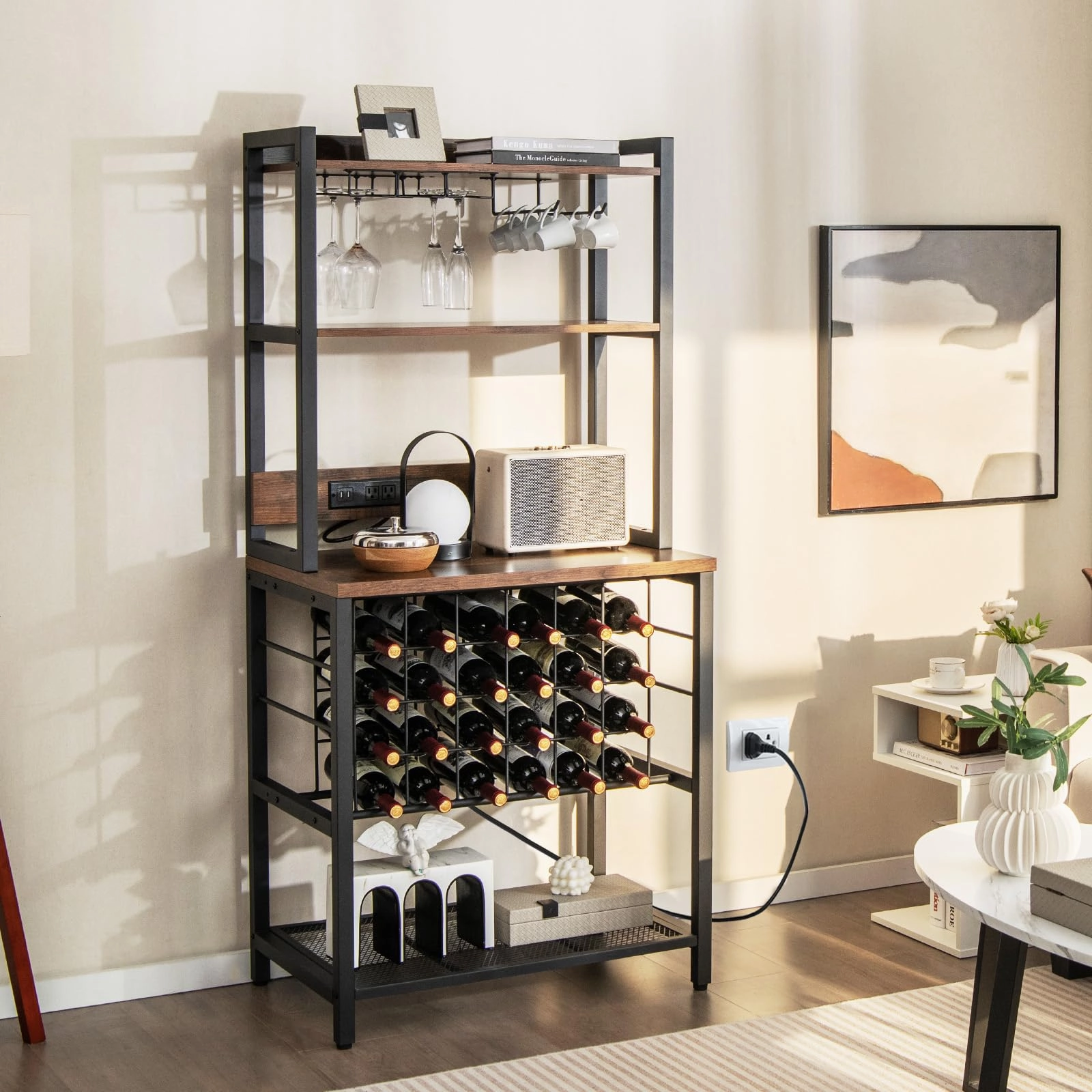 Giantex Bakers Rack with Storage Hutch, Power Outlet & USB Port, Coffee Bar 24-Bottle Wine Rack & Glass Holder