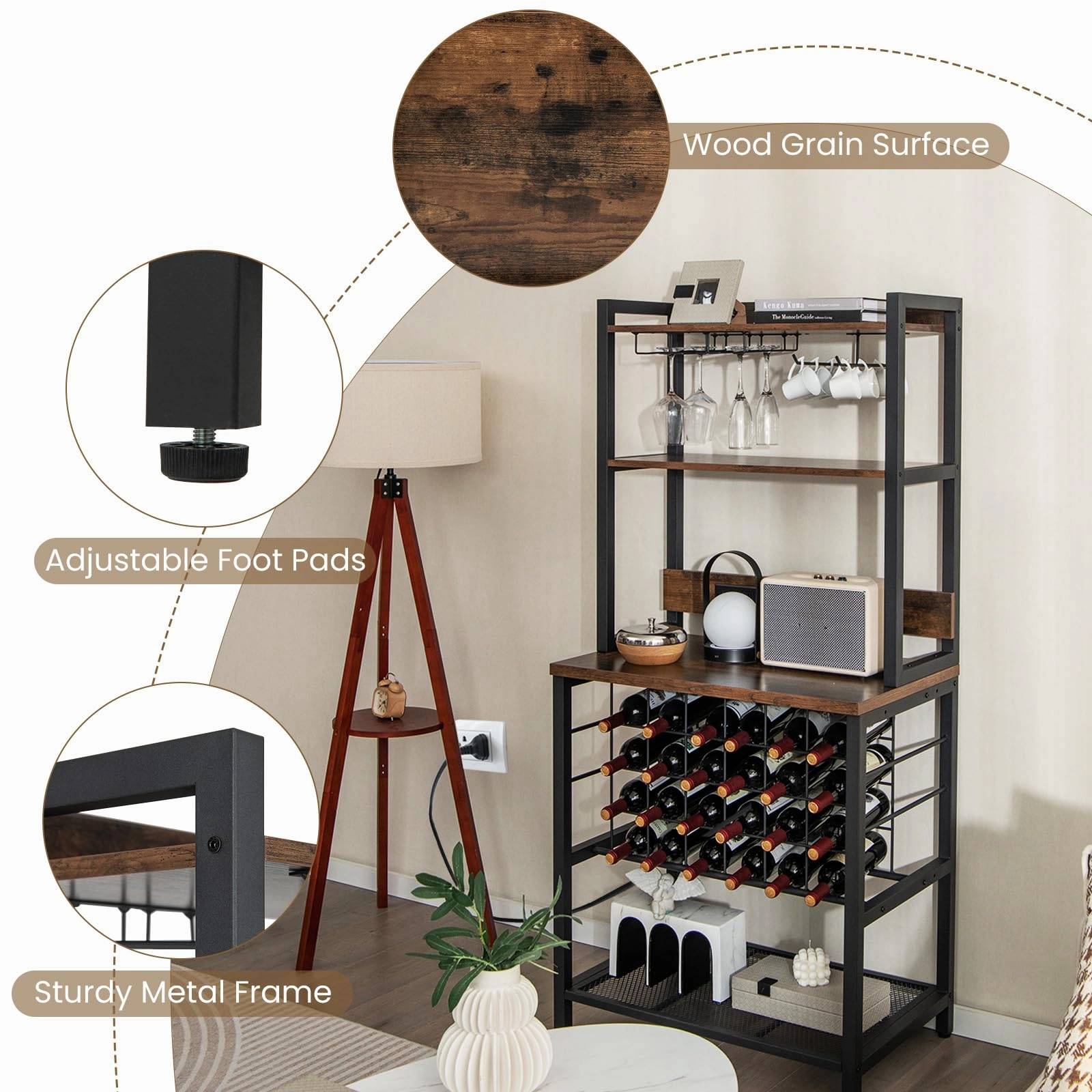 Giantex Bakers Rack with Storage Hutch, Power Outlet & USB Port, Coffee Bar 24-Bottle Wine Rack & Glass Holder