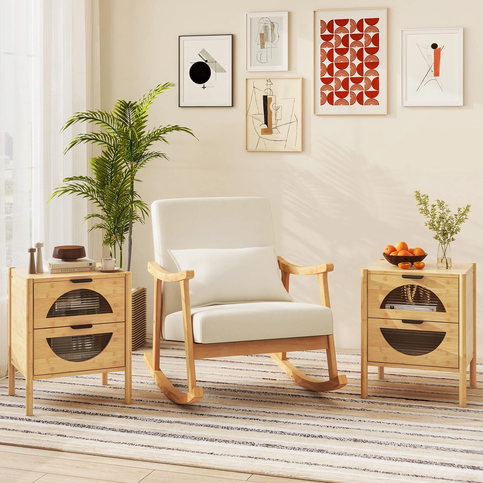 Giantex Bamboo Nightstand, Mid-Century Modern Bedside Table with 2 Storage Drawers & Tempered Glass