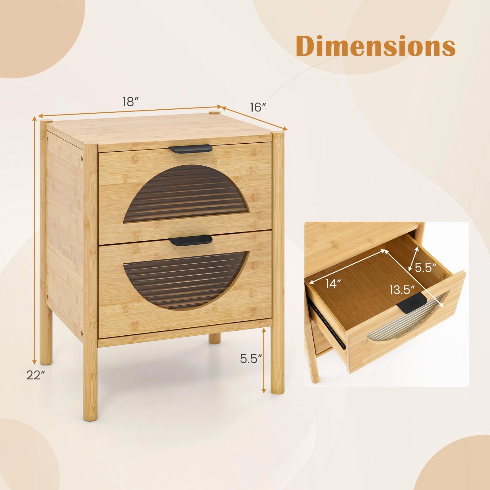 Giantex Bamboo Nightstand, Mid-Century Modern Bedside Table with 2 Storage Drawers & Tempered Glass