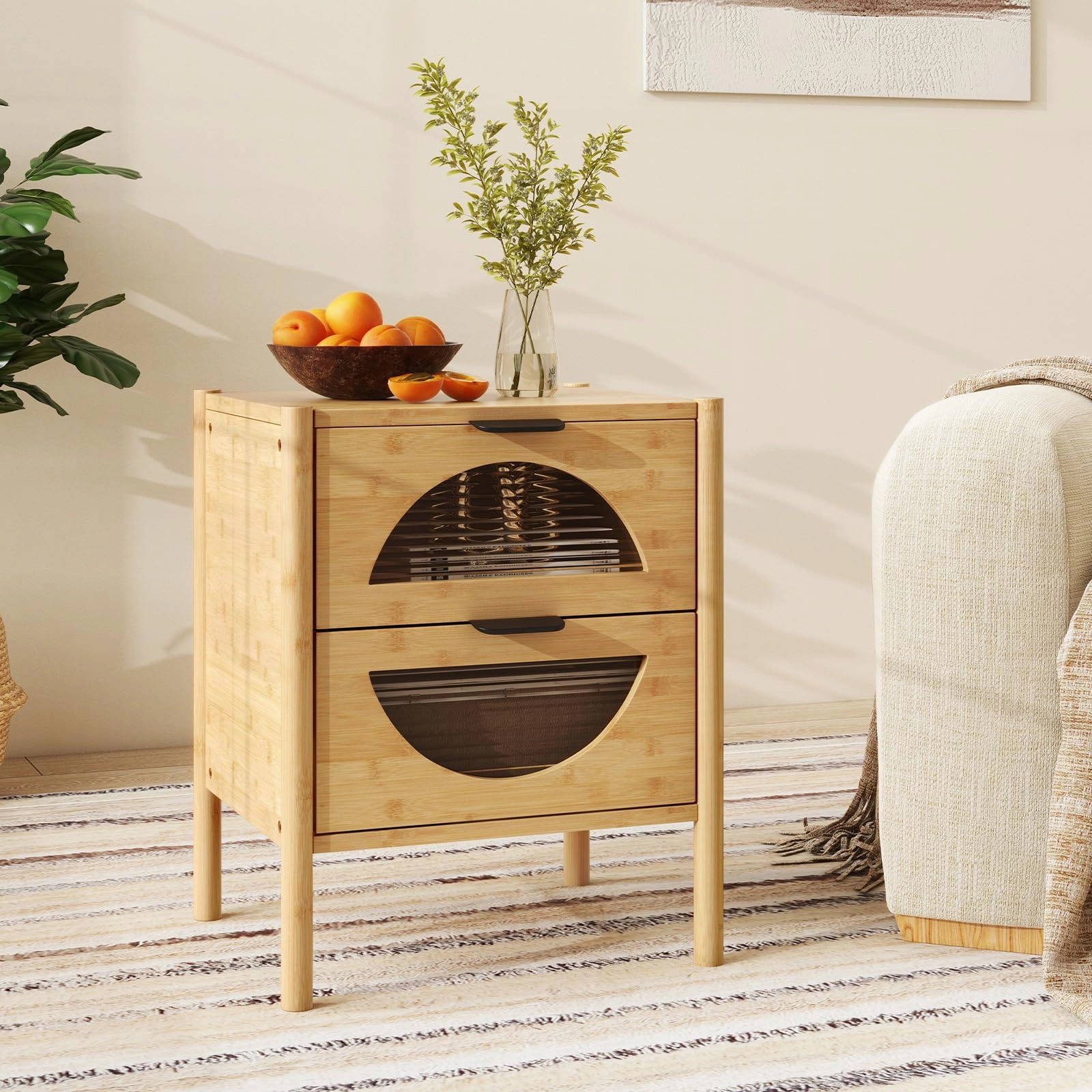 Giantex Bamboo Nightstand, Mid-Century Modern Bedside Table with 2 Storage Drawers & Tempered Glass