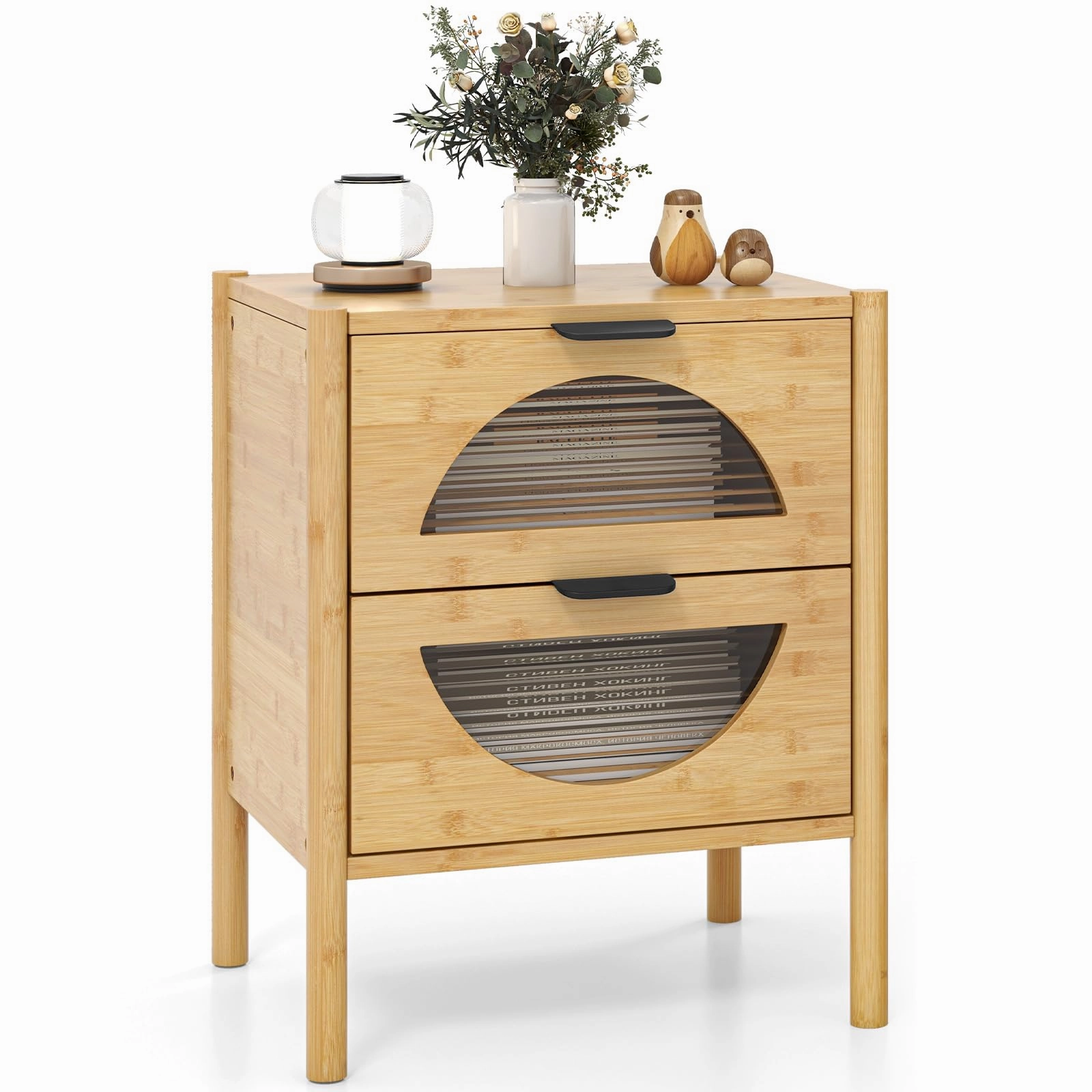 Giantex Bamboo Nightstand, Mid-Century Modern Bedside Table with 2 Storage Drawers & Tempered Glass office chair, ergonomic chair