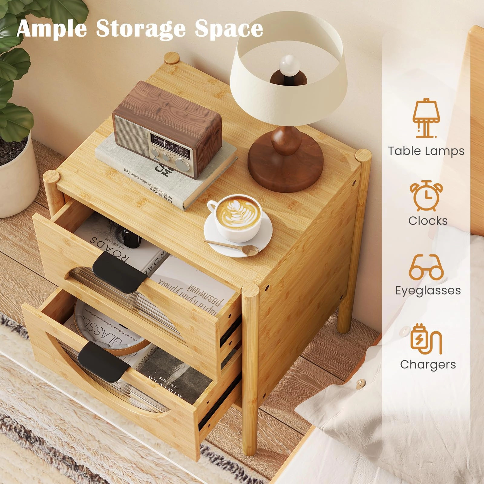 Giantex Bamboo Nightstand, Mid-Century Modern Bedside Table with 2 Storage Drawers & Tempered Glass