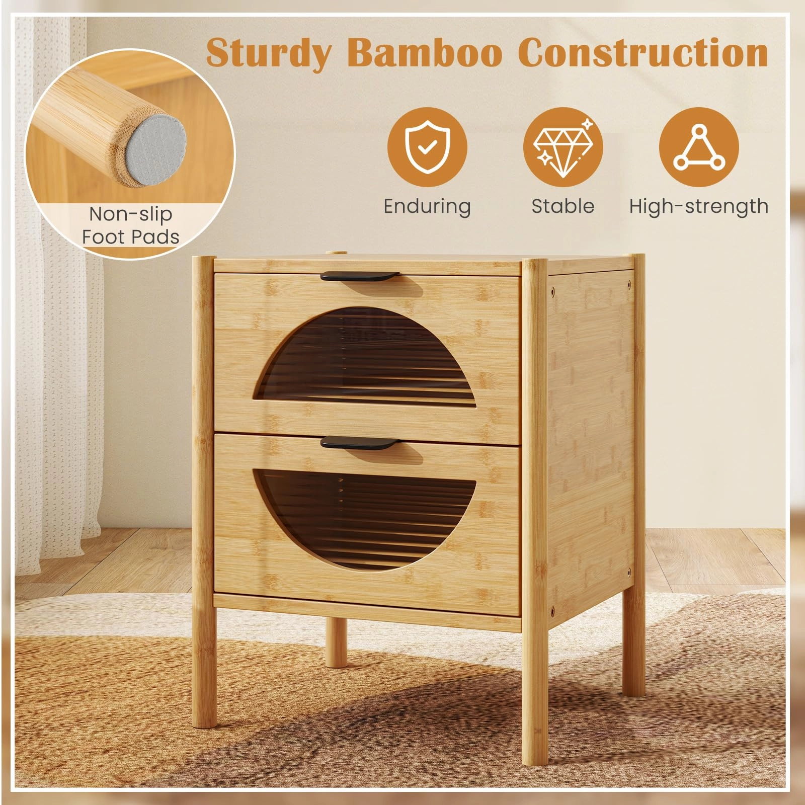 Giantex Bamboo Nightstand, Mid-Century Modern Bedside Table with 2 Storage Drawers & Tempered Glass