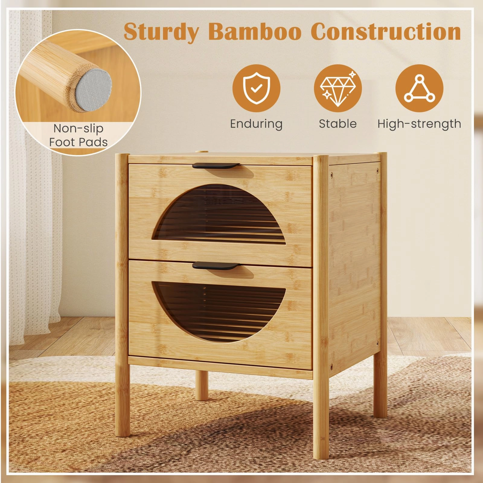Giantex Bamboo Nightstand, Mid-Century Modern Bedside Table with 2 Storage Drawers & Tempered Glass