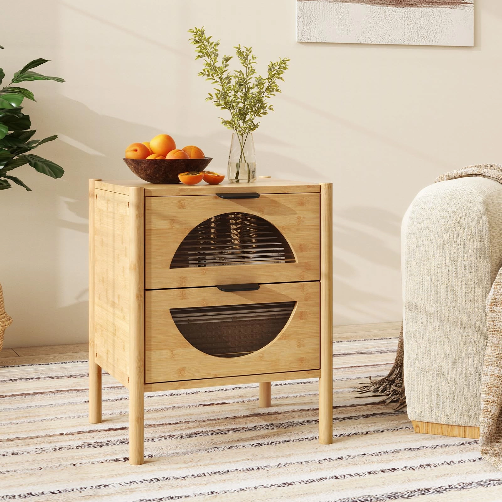 Giantex Bamboo Nightstand, Mid-Century Modern Bedside Table with 2 Storage Drawers & Tempered Glass