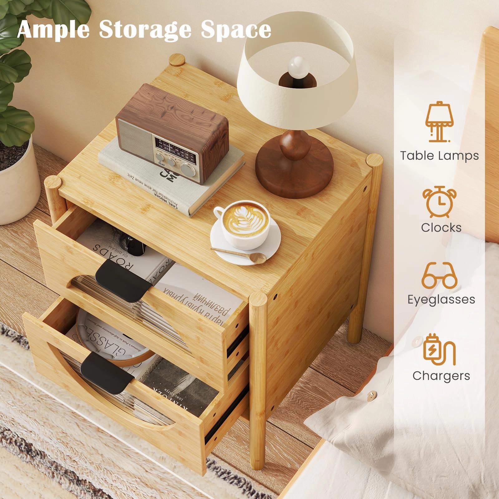 Giantex Bamboo Nightstand, Mid-Century Modern Bedside Table with 2 Storage Drawers & Tempered Glass