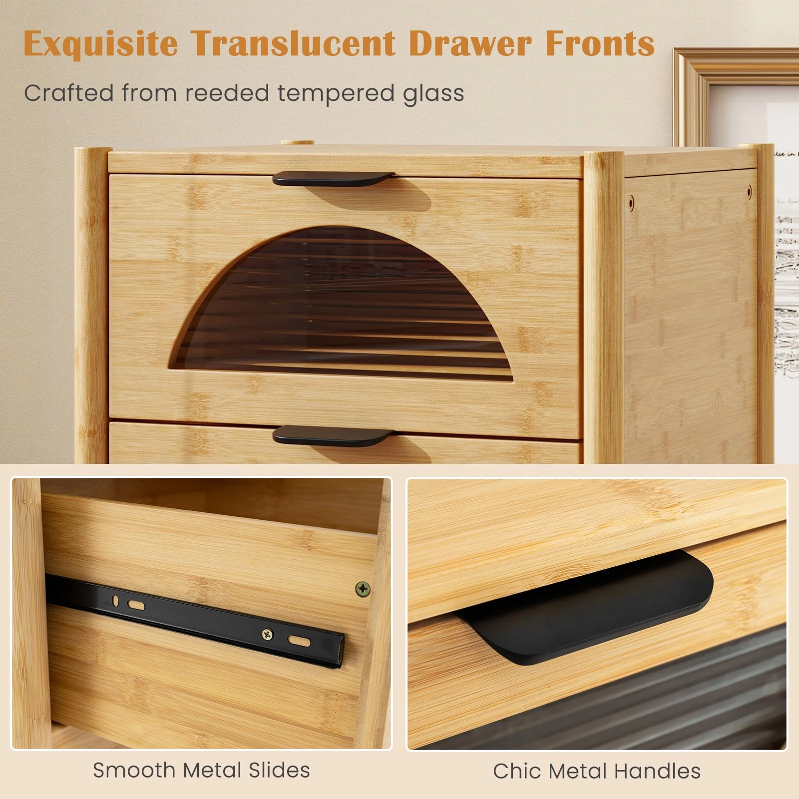 Giantex Bamboo Nightstand, Mid-Century Modern Bedside Table with 2 Storage Drawers & Tempered Glass