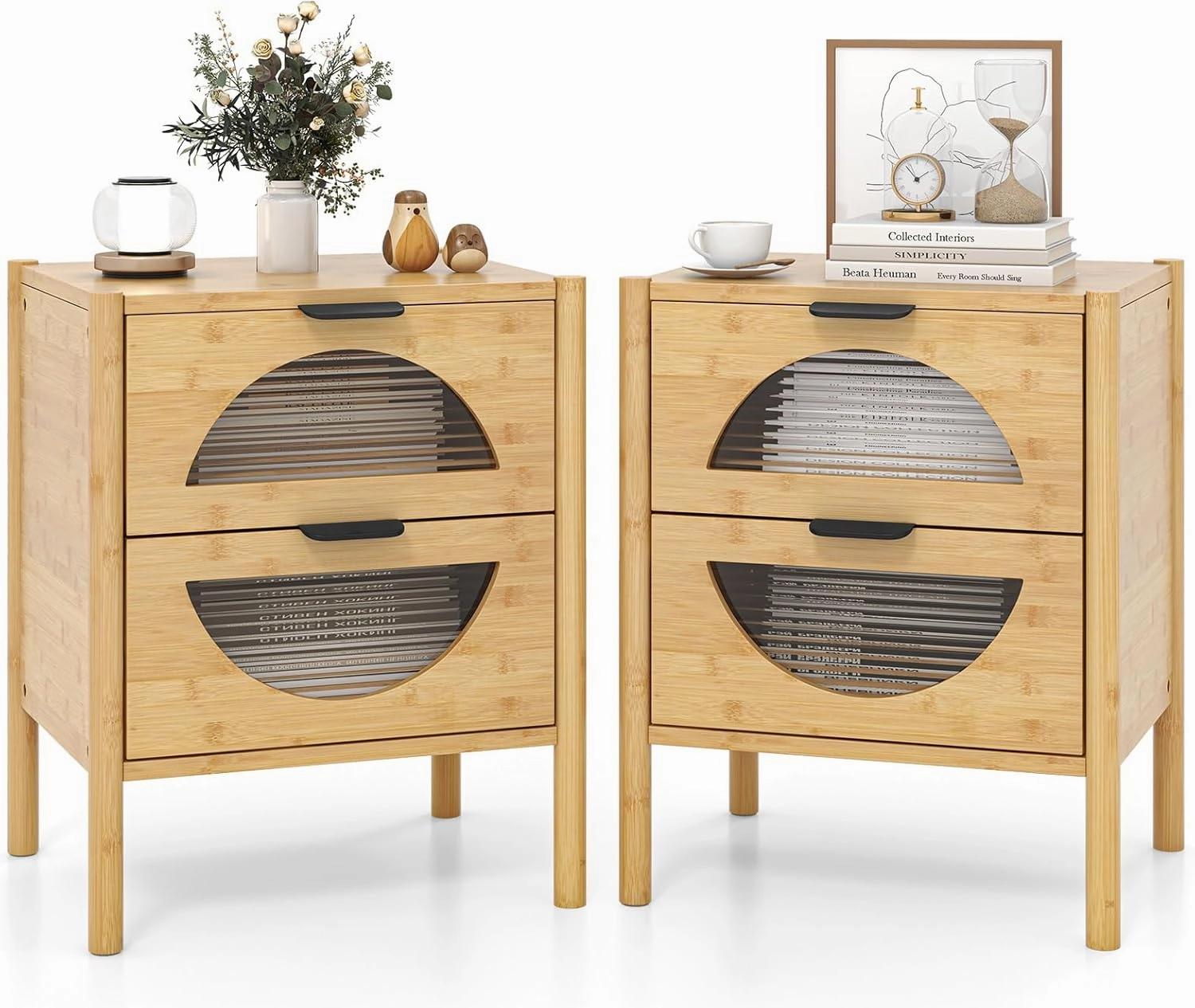 Giantex Bamboo Nightstand, Mid-Century Modern Bedside Table with 2 Storage Drawers & Tempered Glass