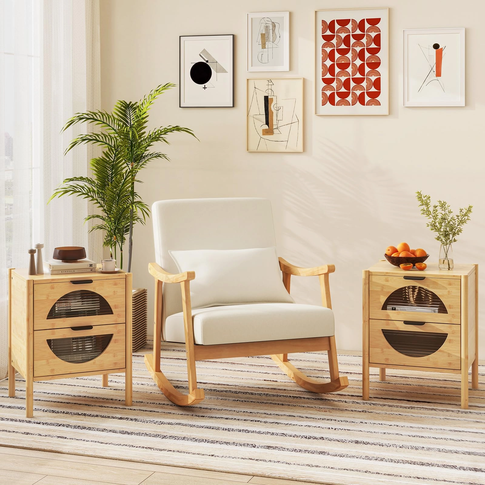 Giantex Bamboo Nightstand, Mid-Century Modern Bedside Table with 2 Storage Drawers & Tempered Glass