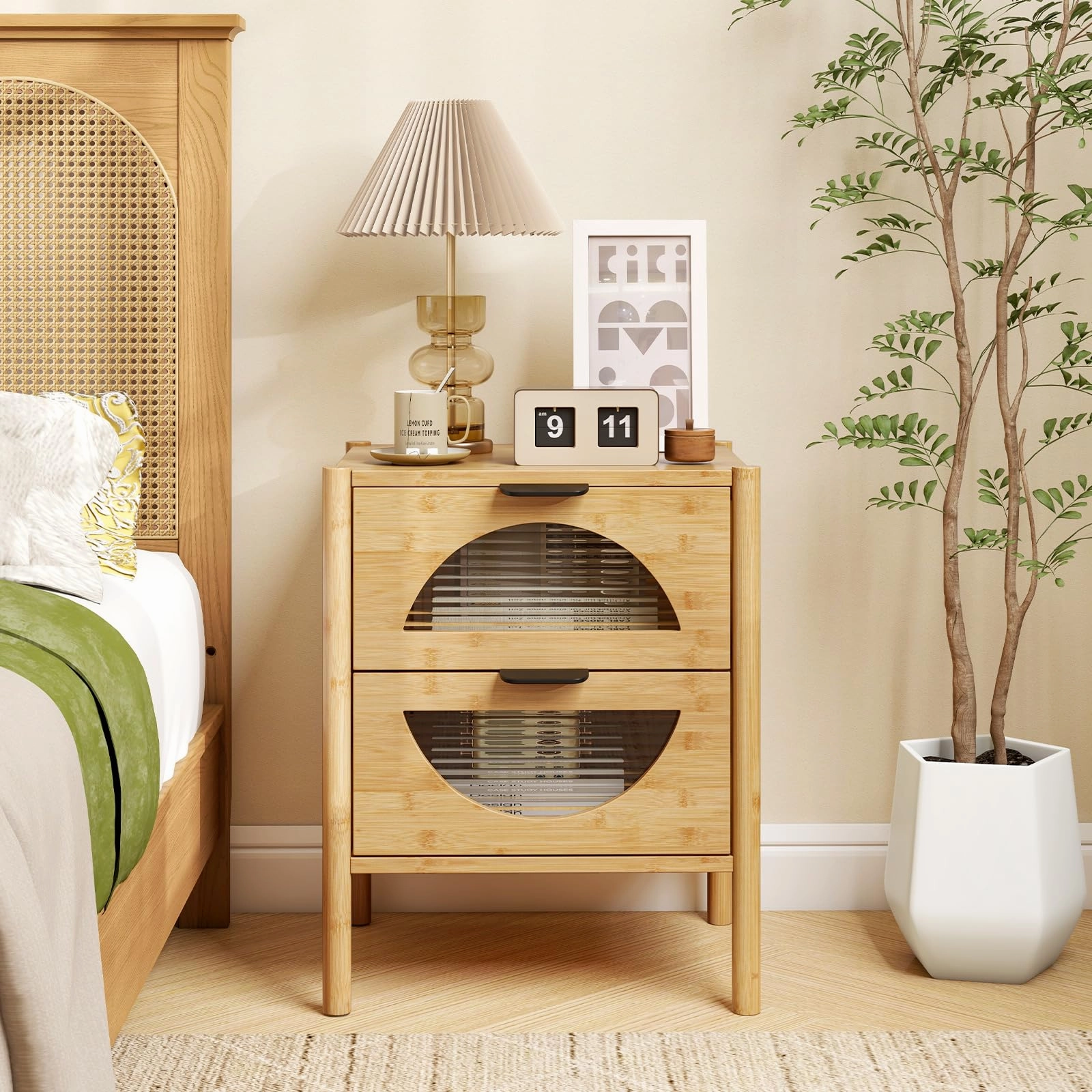 Giantex Bamboo Nightstand, Mid-Century Modern Bedside Table with 2 Storage Drawers & Tempered Glass