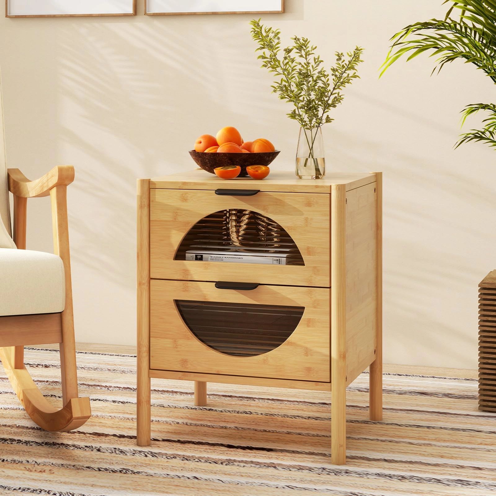 Giantex Bamboo Nightstand, Mid-Century Modern Bedside Table with 2 Storage Drawers & Tempered Glass