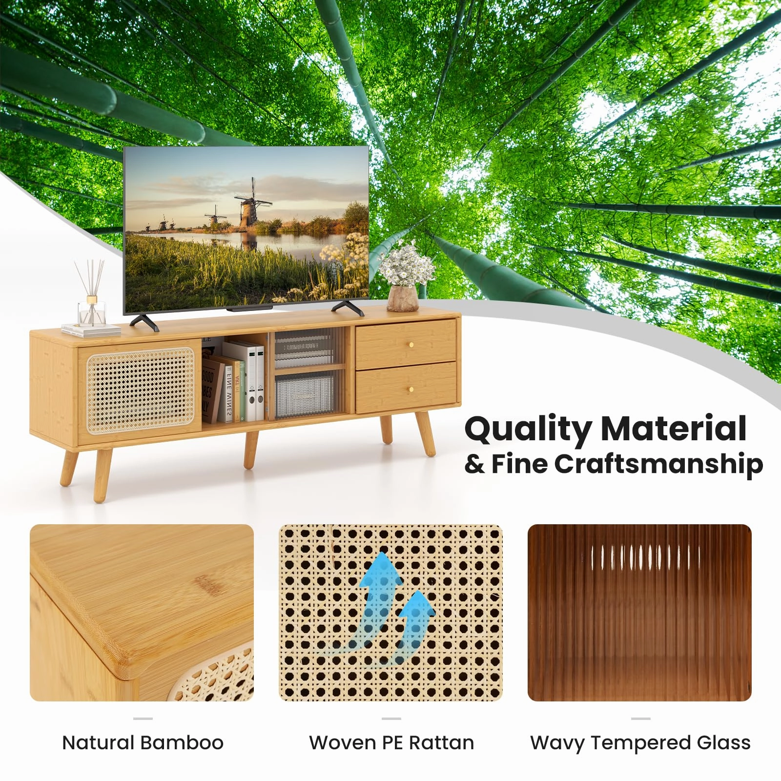Giantex Bamboo TV Stand for 55 60 65 Inch TV, PE Rattan Entertainment Center with Sliding Doors