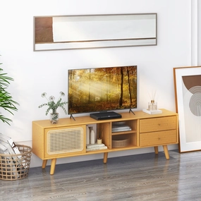 Giantex Bamboo TV Stand for 55 60 65 Inch TV, PE Rattan Entertainment Center with Sliding Doors doormat, welcome mat