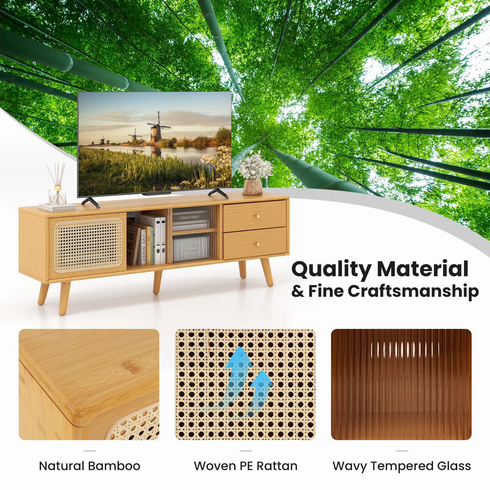 Giantex Bamboo TV Stand for 55 60 65 Inch TV, PE Rattan Entertainment Center with Sliding Doors