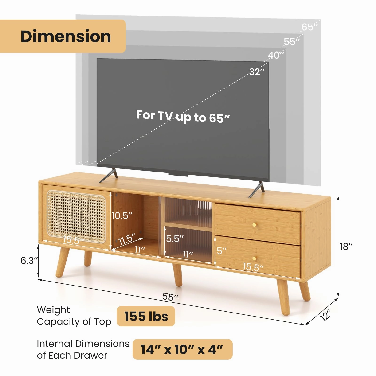 Giantex Bamboo TV Stand for 55 60 65 Inch TV, PE Rattan Entertainment Center with Sliding Doors