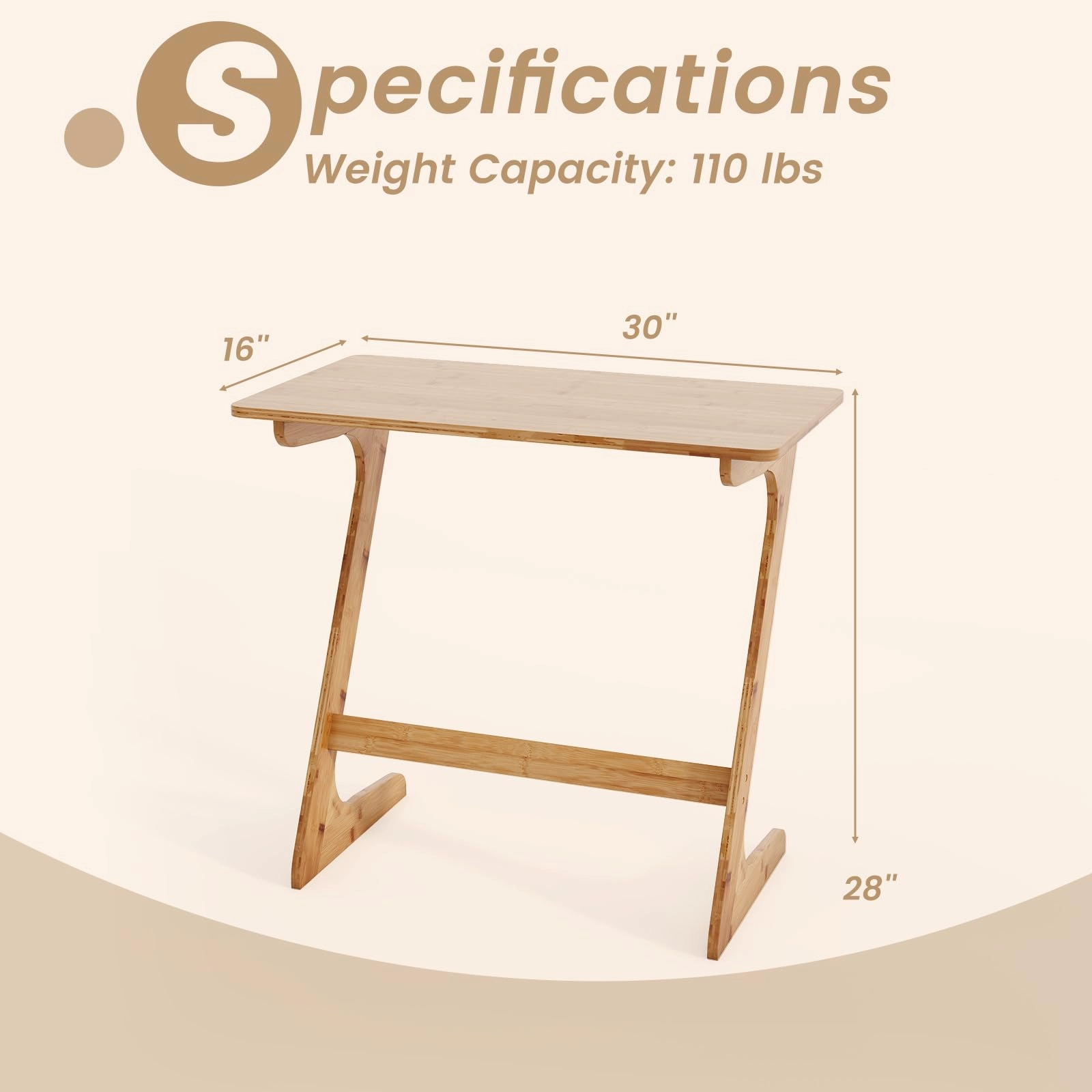 Giantex Bamboo TV Tray Table, Z Shaped Sofa Couch Side Table for Eating Snacks Coffee Laptop