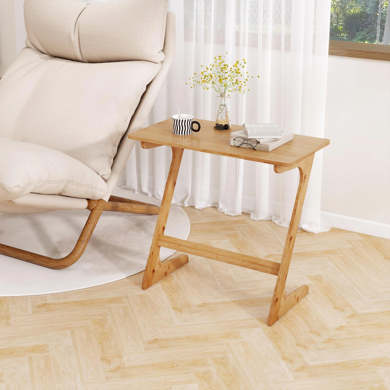 Giantex Bamboo TV Tray Table, Z Shaped Sofa Couch Side Table for Eating Snacks Coffee Laptop