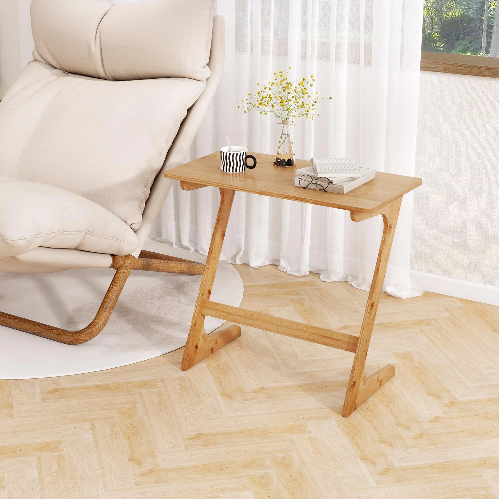 Giantex Bamboo TV Tray Table, Z Shaped Sofa Couch Side Table for Eating Snacks Coffee Laptop