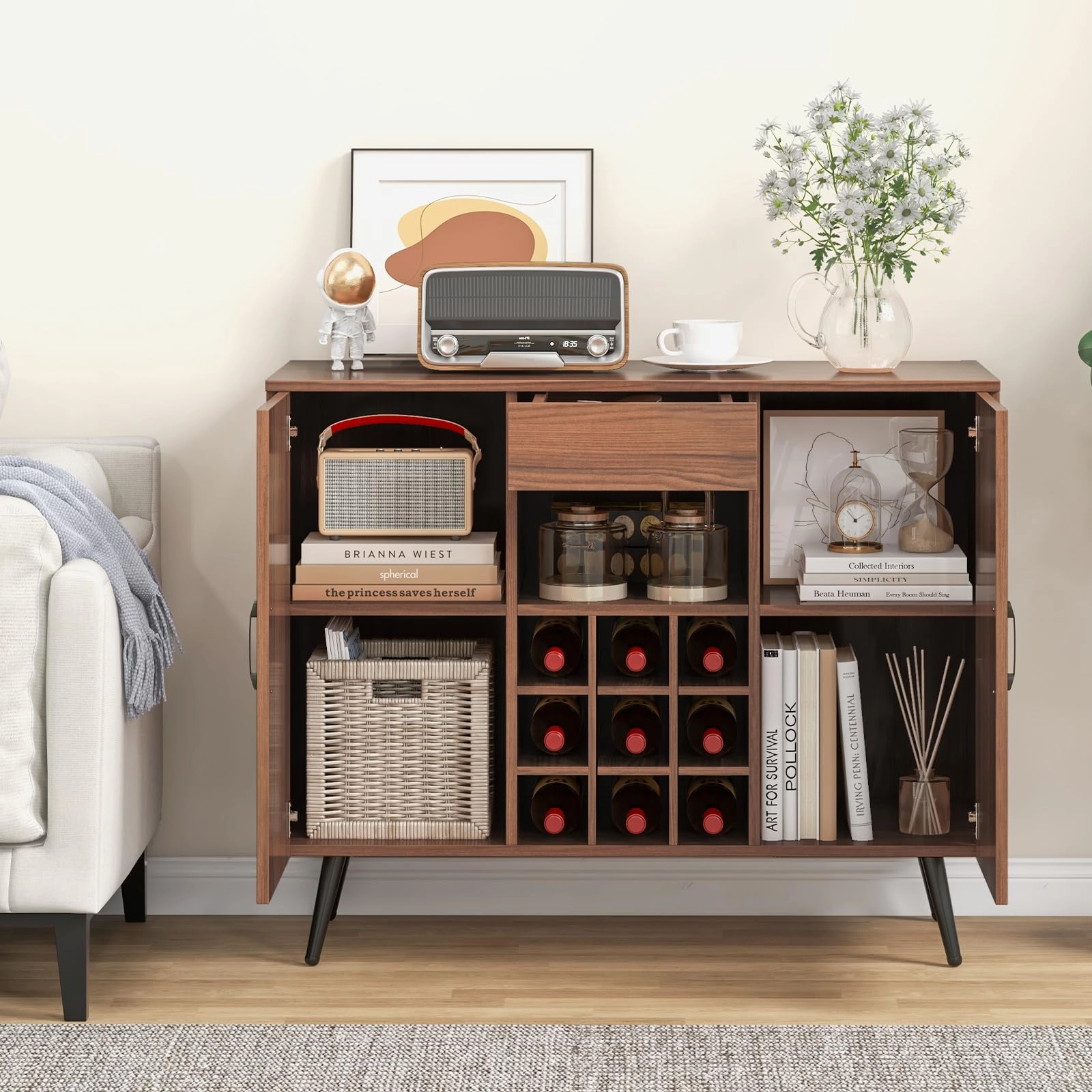 Giantex Bar Cabinet with Storage, Farmhouse Wood Buffet Sideboard, 9-Bottle Wine Rack, Drawer