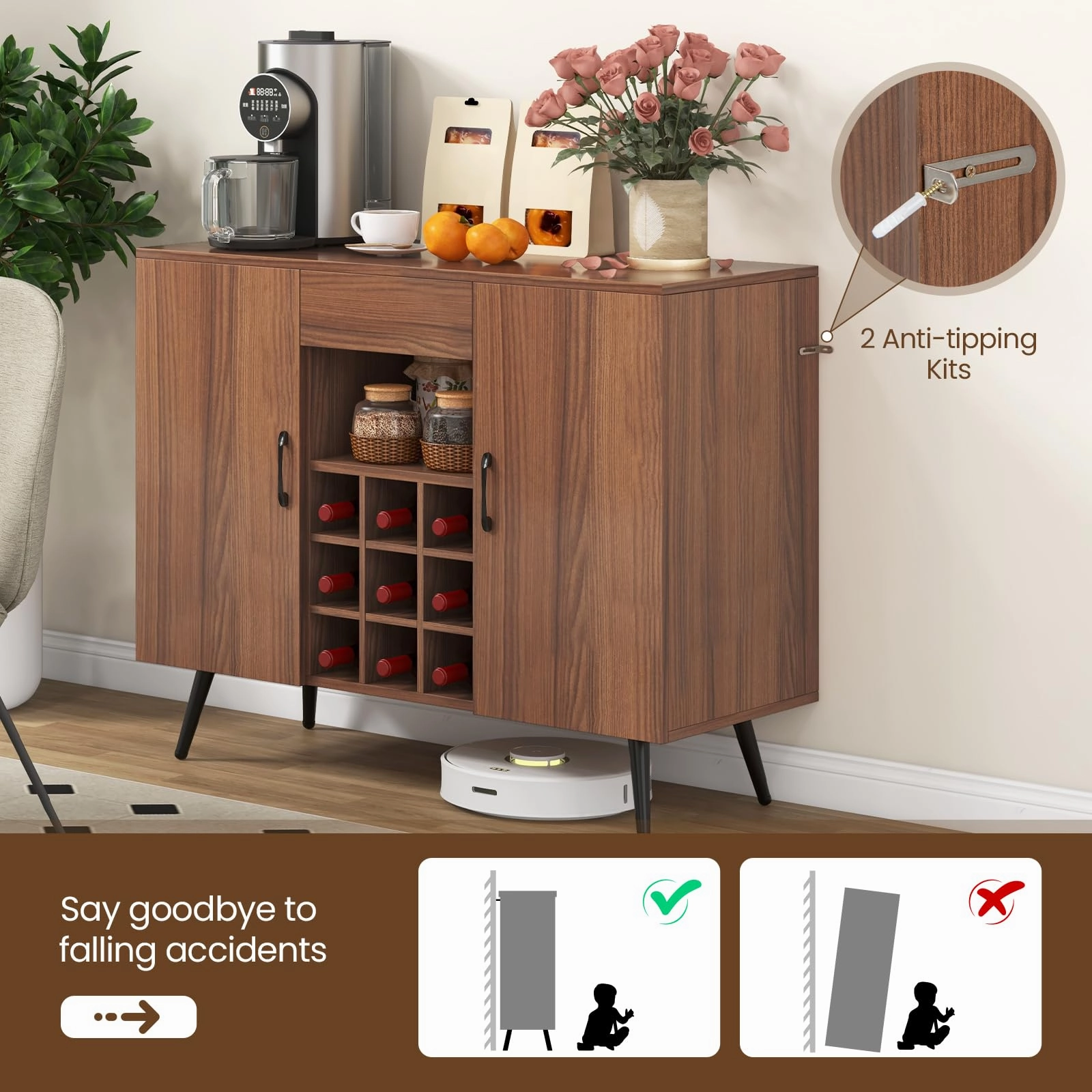 Giantex Bar Cabinet with Storage, Farmhouse Wood Buffet Sideboard, 9-Bottle Wine Rack, Drawer
