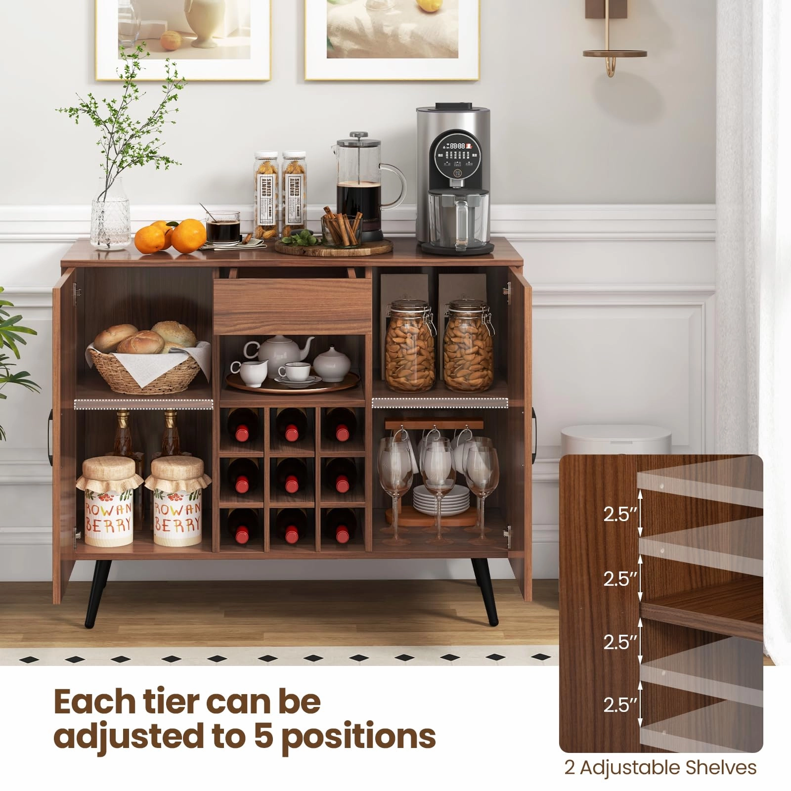 Giantex Bar Cabinet with Storage, Farmhouse Wood Buffet Sideboard, 9-Bottle Wine Rack, Drawer