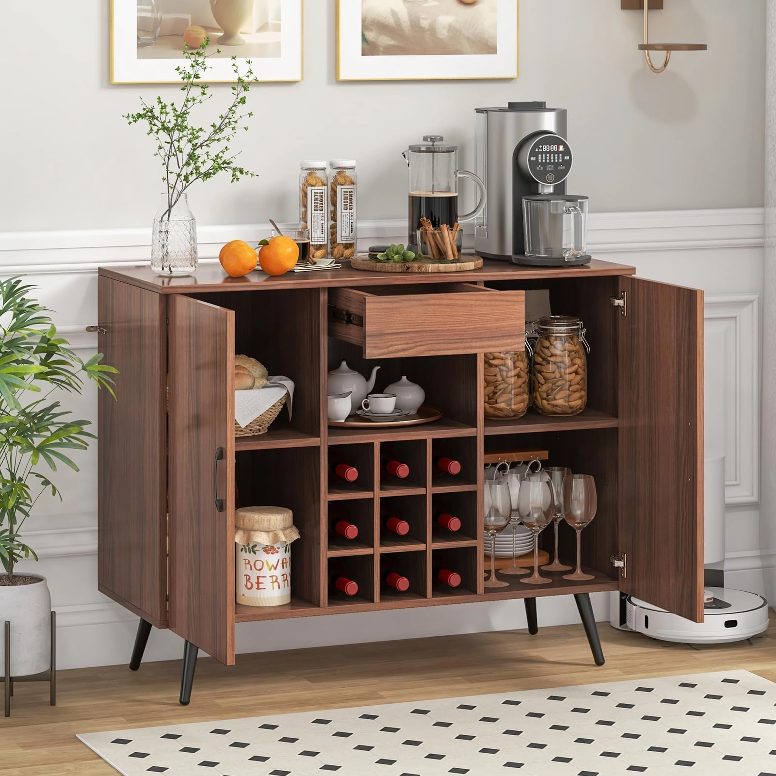 Giantex Bar Cabinet with Storage, Farmhouse Wood Buffet Sideboard, 9-Bottle Wine Rack, Drawer
