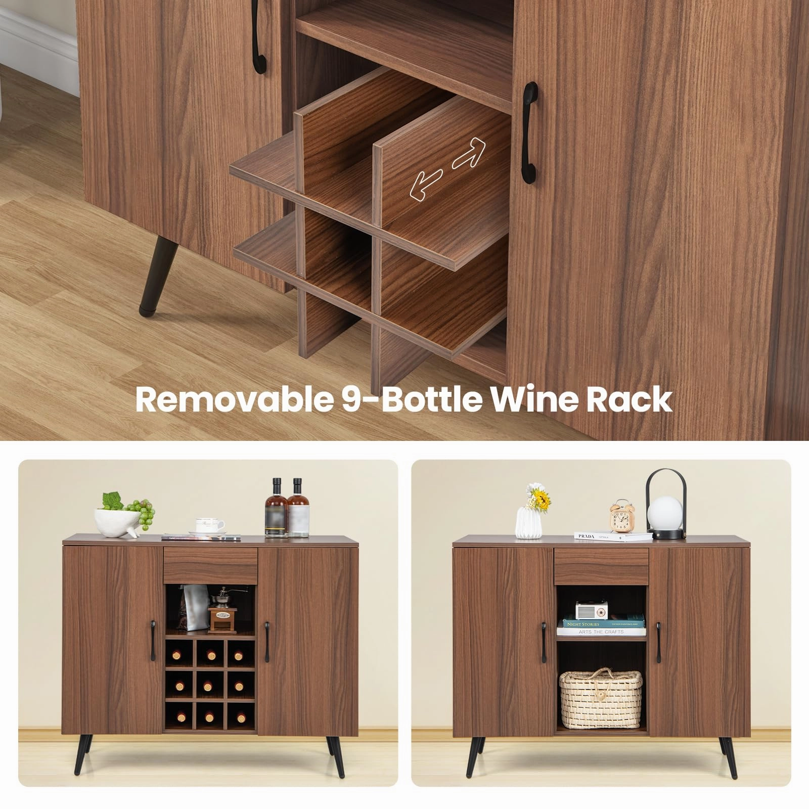 Giantex Bar Cabinet with Storage, Farmhouse Wood Buffet Sideboard, 9-Bottle Wine Rack, Drawer