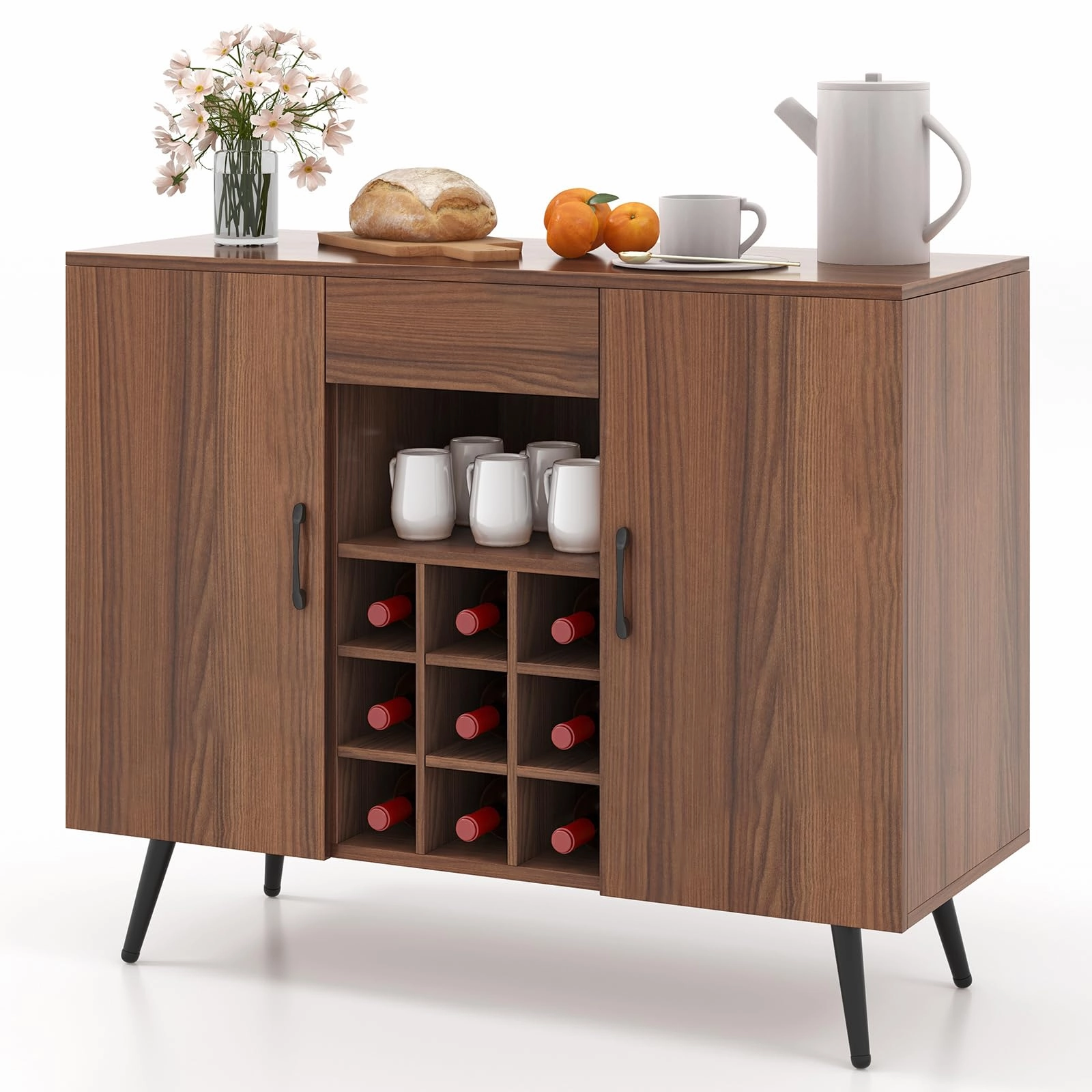 Giantex Bar Cabinet with Storage, Farmhouse Wood Buffet Sideboard, 9-Bottle Wine Rack, Drawer kitchen towel, placemats