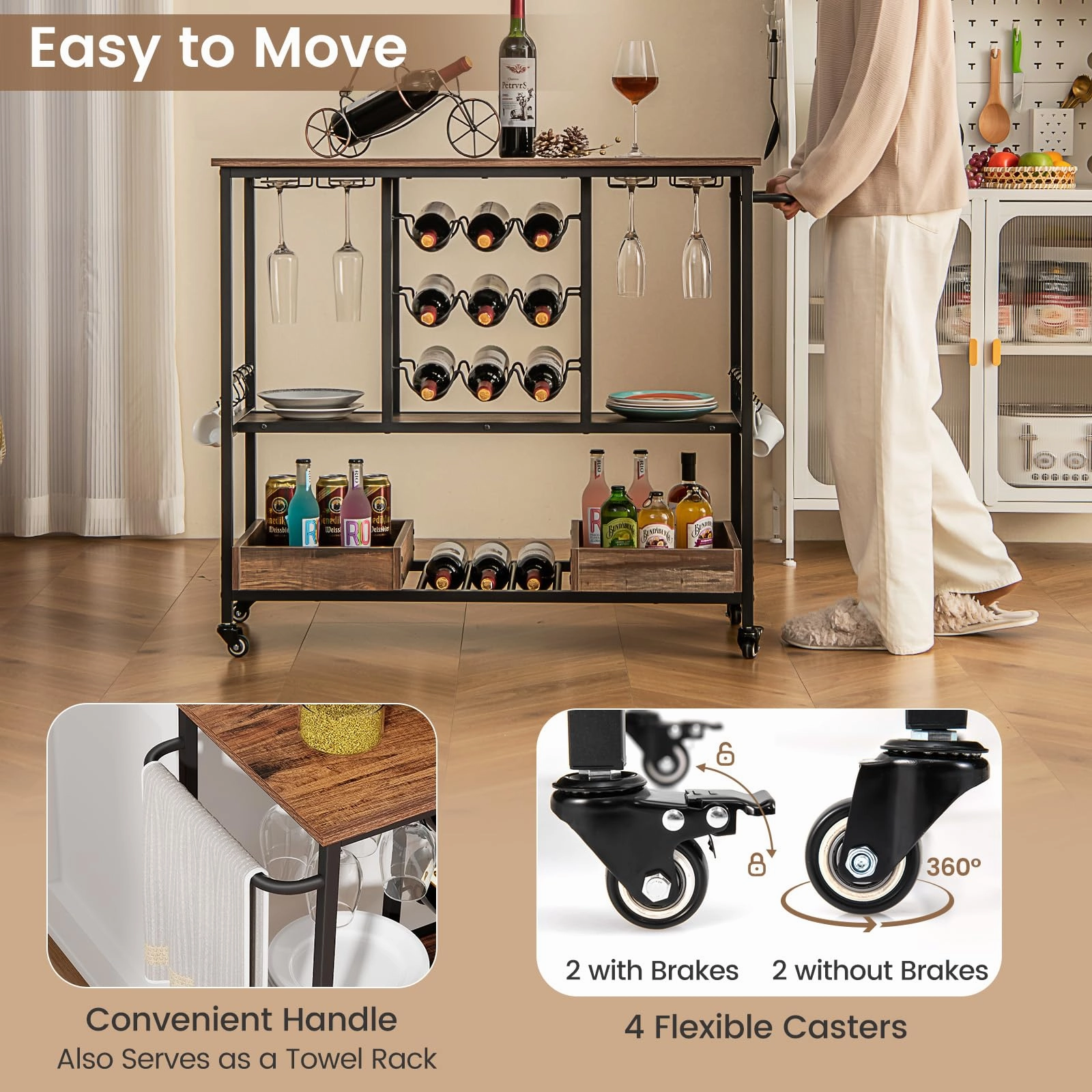 Giantex Bar Cart, 3 Tier Home Serving Cart on Wheels with Handle