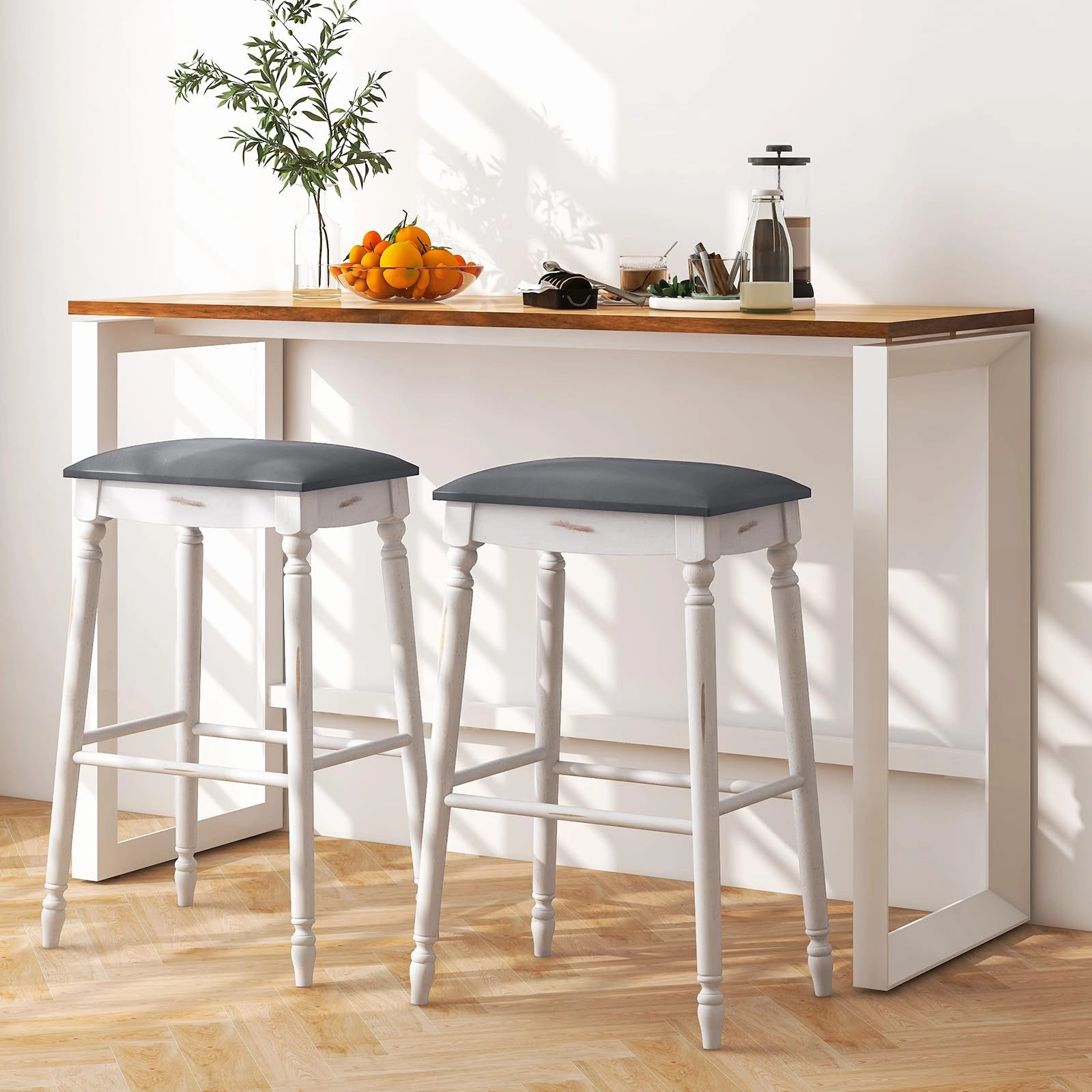 Giantex Bar Stools, 29"/24" Bar Height Saddle Stools w/Padded Seat, Rubber Wood Legs, Footrests & Antiqued Surface