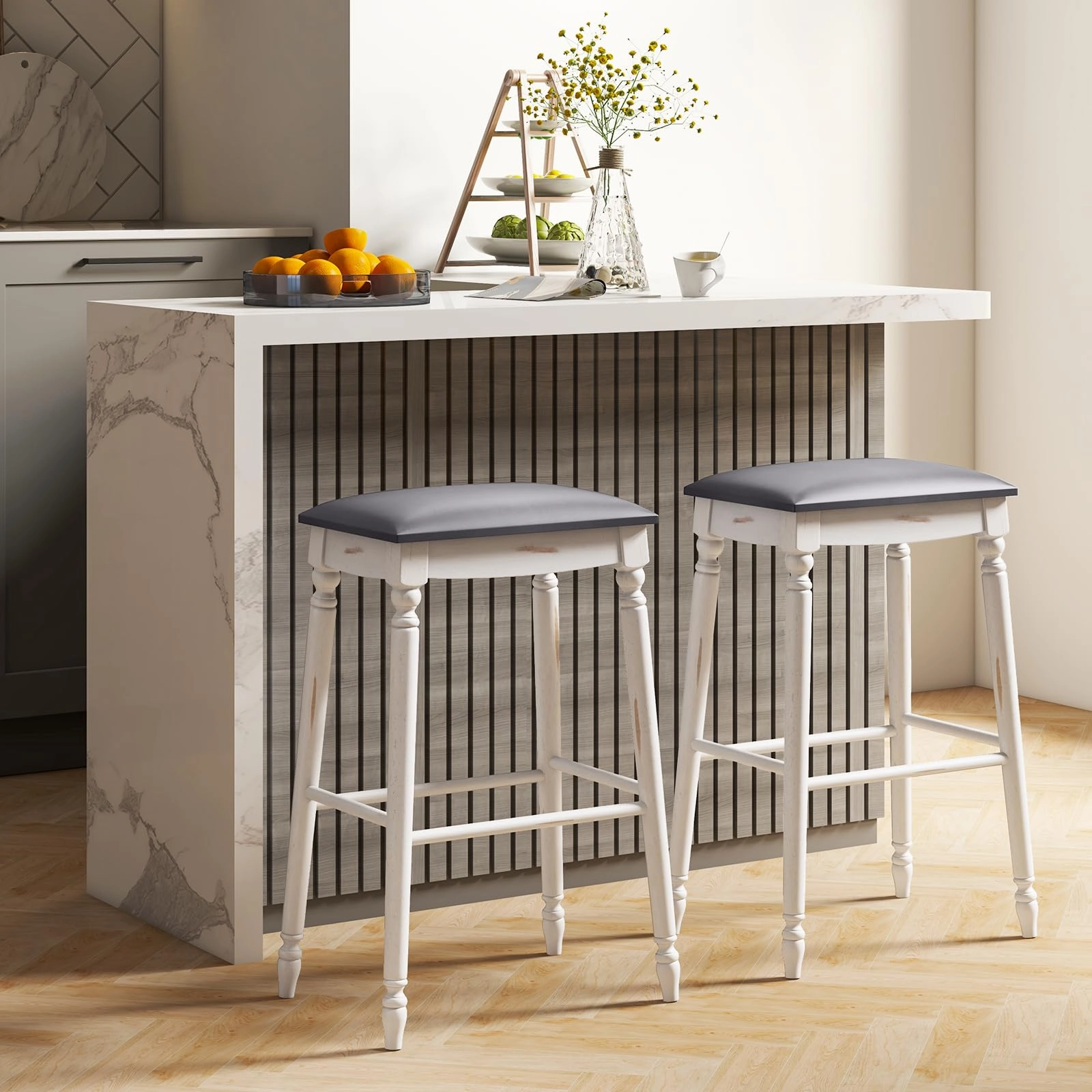 Giantex Bar Stools, 29"/24" Bar Height Saddle Stools w/Padded Seat, Rubber Wood Legs, Footrests & Antiqued Surface