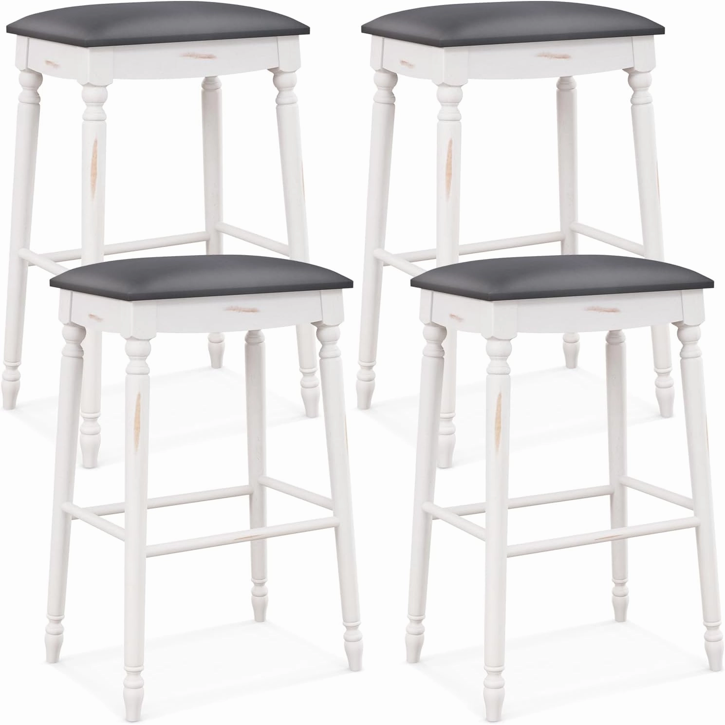 Giantex Bar Stools, 29"/24" Bar Height Saddle Stools w/Padded Seat, Rubber Wood Legs, Footrests & Antiqued Surface