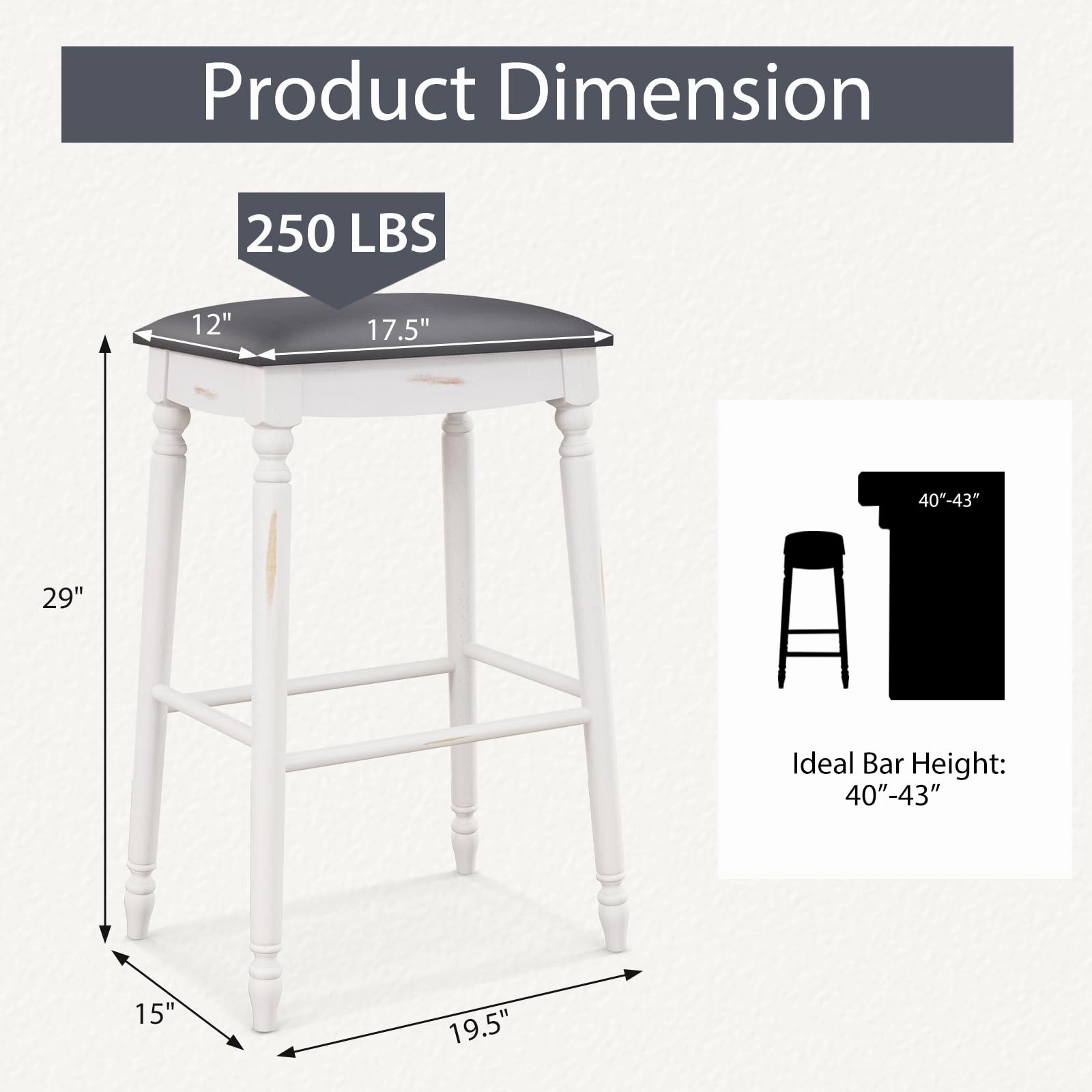 Giantex Bar Stools, 29"/24" Bar Height Saddle Stools w/Padded Seat, Rubber Wood Legs, Footrests & Antiqued Surface