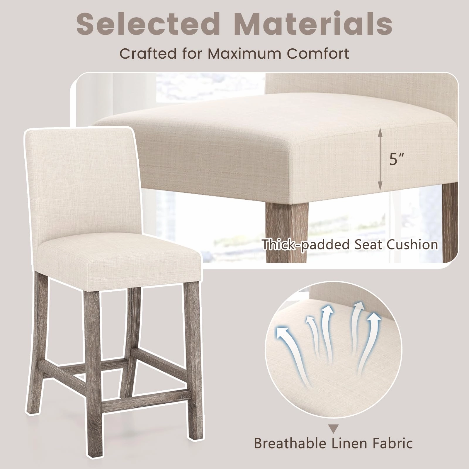 Giantex Bar Stools Counter Height, 24.5" Modern Fabric Bar Chairs with Back, Footrest & Solid Wood Legs